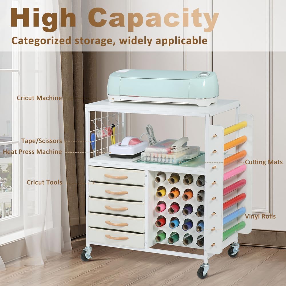 LUCKUP Craft Storage Rolling Cart for Cricut Machines - 28 Vinyl Roll Holders, 5 Drawers & Heat Press Stand - Mobile Craft Organization Cabinet with Hooks - Perfect for DIY Projects, Scrapbooking & Home Craft Room Organization