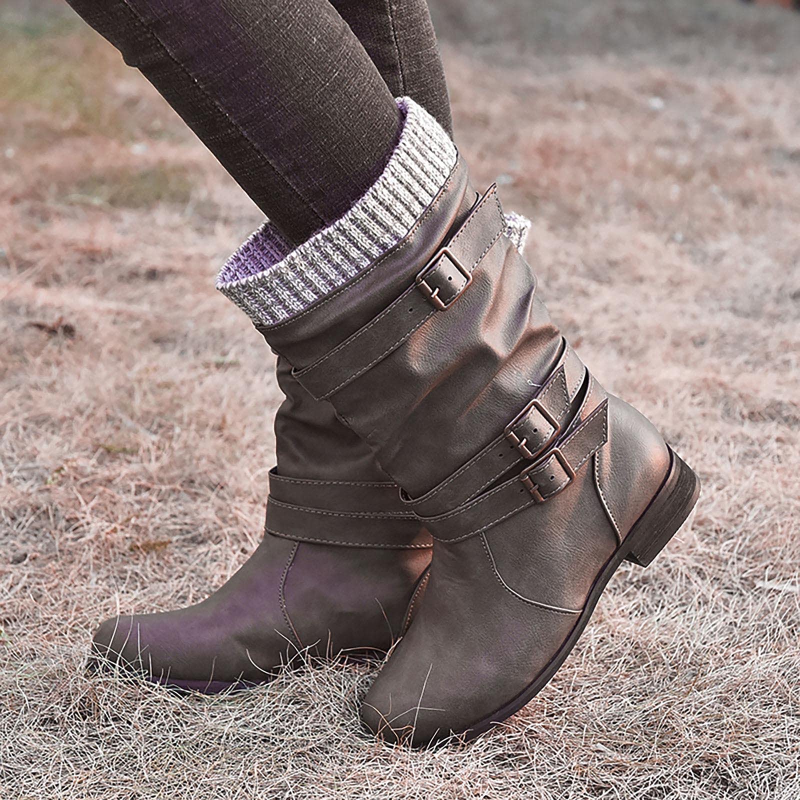 Oiangi Women's Winter Boots - Fashion Round Toe Buckle Strap Chunky Heel Slip-On Mid Calf Boots | Retro Comfortable Casual Ladies Footwear for Work, Dating & Daily Wear