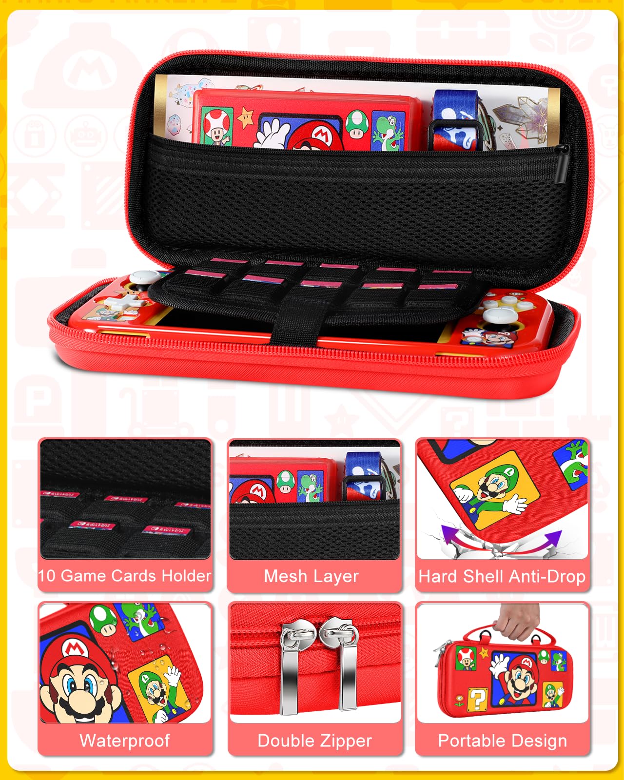 Xinocy 7-in-1 Nintendo Switch Lite Accessories Kit - Travel Carrying Case, Protective Cover, Game Holder, Strap, Stickers & Thumb Caps - Cute Shell Design for Kids & Girls (Red) - Perfect for Gaming On-The-Go & Travel Protection