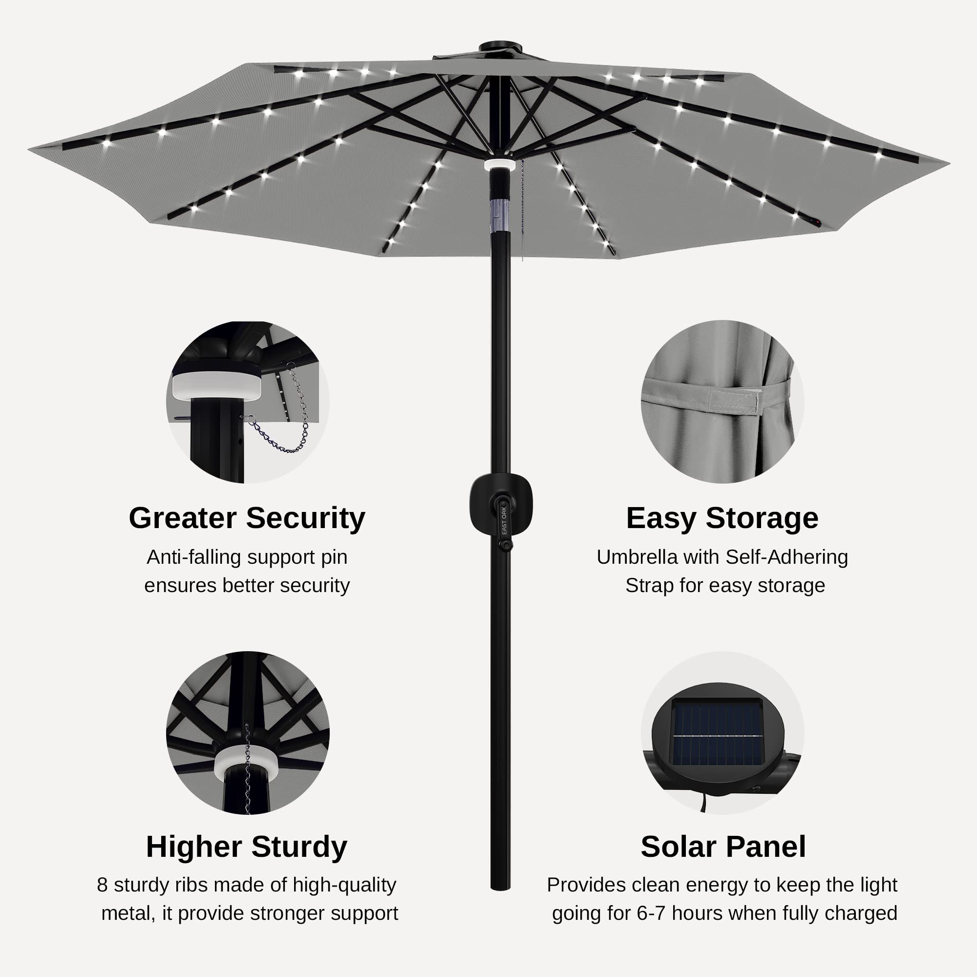 EAST OAK 9 ft Outdoor Patio Umbrella with 40 LED Solar Lights | 8 Ribs & 1.9