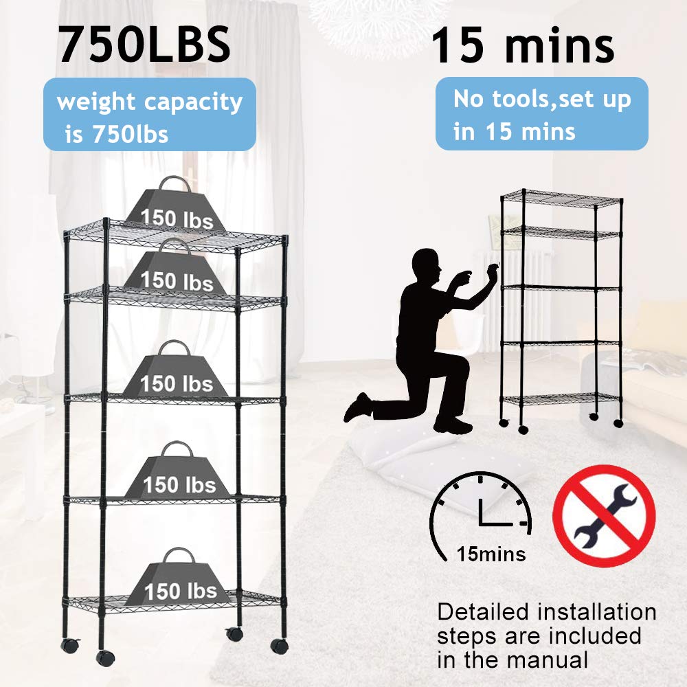 5-Tier Heavy Duty Wire Shelving Unit with Wheels - 750lbs Capacity, NSF Certified, Adjustable Height & Wide Flat Shelves - Metal Storage Rack for Kitchen, Pantry, Garage, Living Room & Balcony Organization - Perfect for Storing Food, Tools, Books & Home Supplies