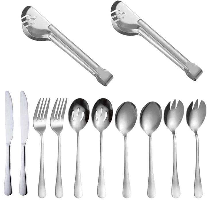 12-Piece Stainless Steel Silverware Set - Dinner Knives, Forks, Spoons, Perforated Spoons, Salad Sporks & Food Tongs (Silver) - Perfect for Dining, Parties, Picnics & Restaurant Use