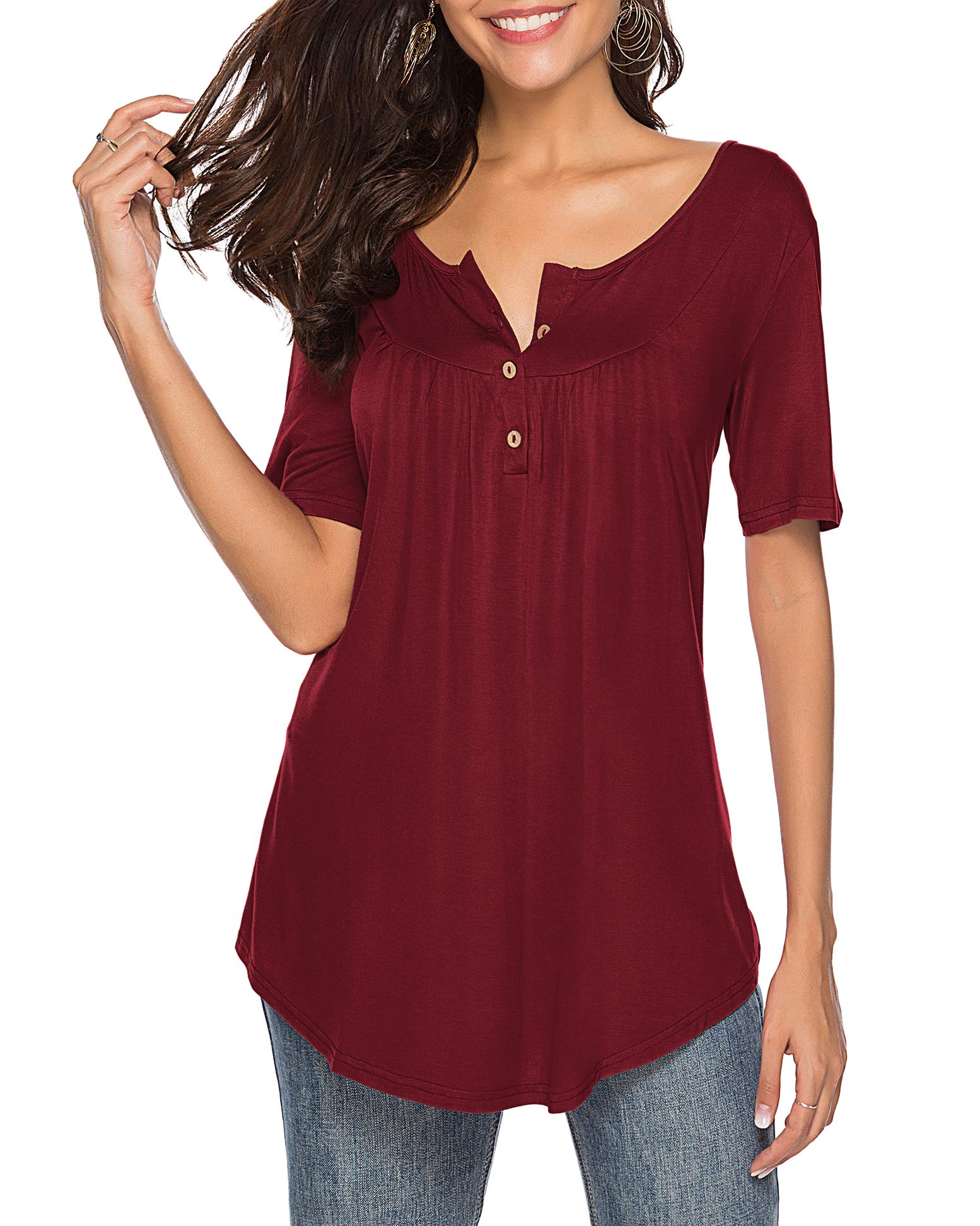Women's Casual V-Neck Short Sleeve Button-Up Blouse - Loose Fit Tunic Top for Everyday Wear, Work & Summer Outfits