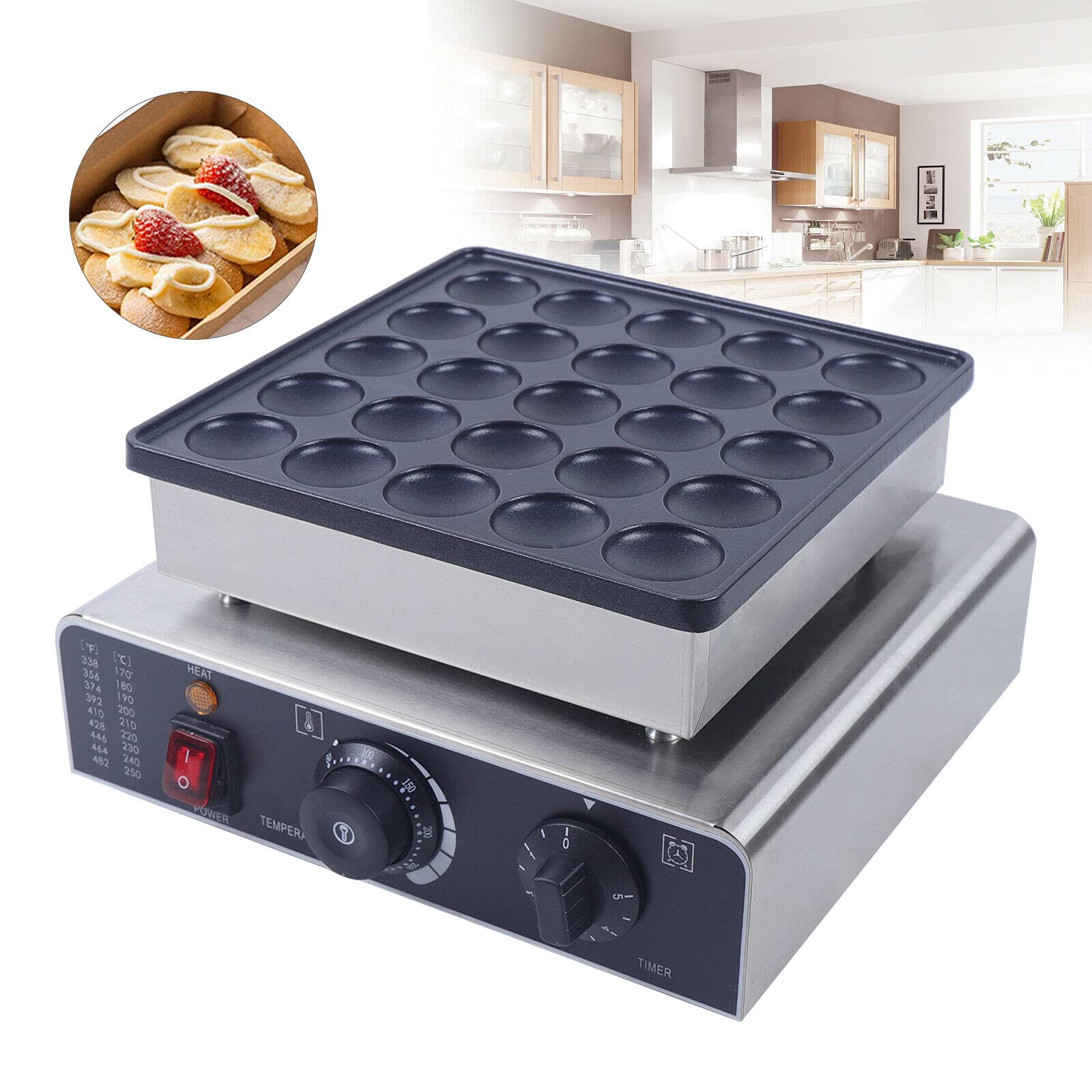 Commercial Dutch Pancake Maker - 25 Hole 1.8 Inch 800W Nonstick Electric Dorayaki Baker with 50-300°C (122-572°F) Temperature Control - Perfect for Snack Bars, Cafeterias, Bakeries & Home Breakfast Making
