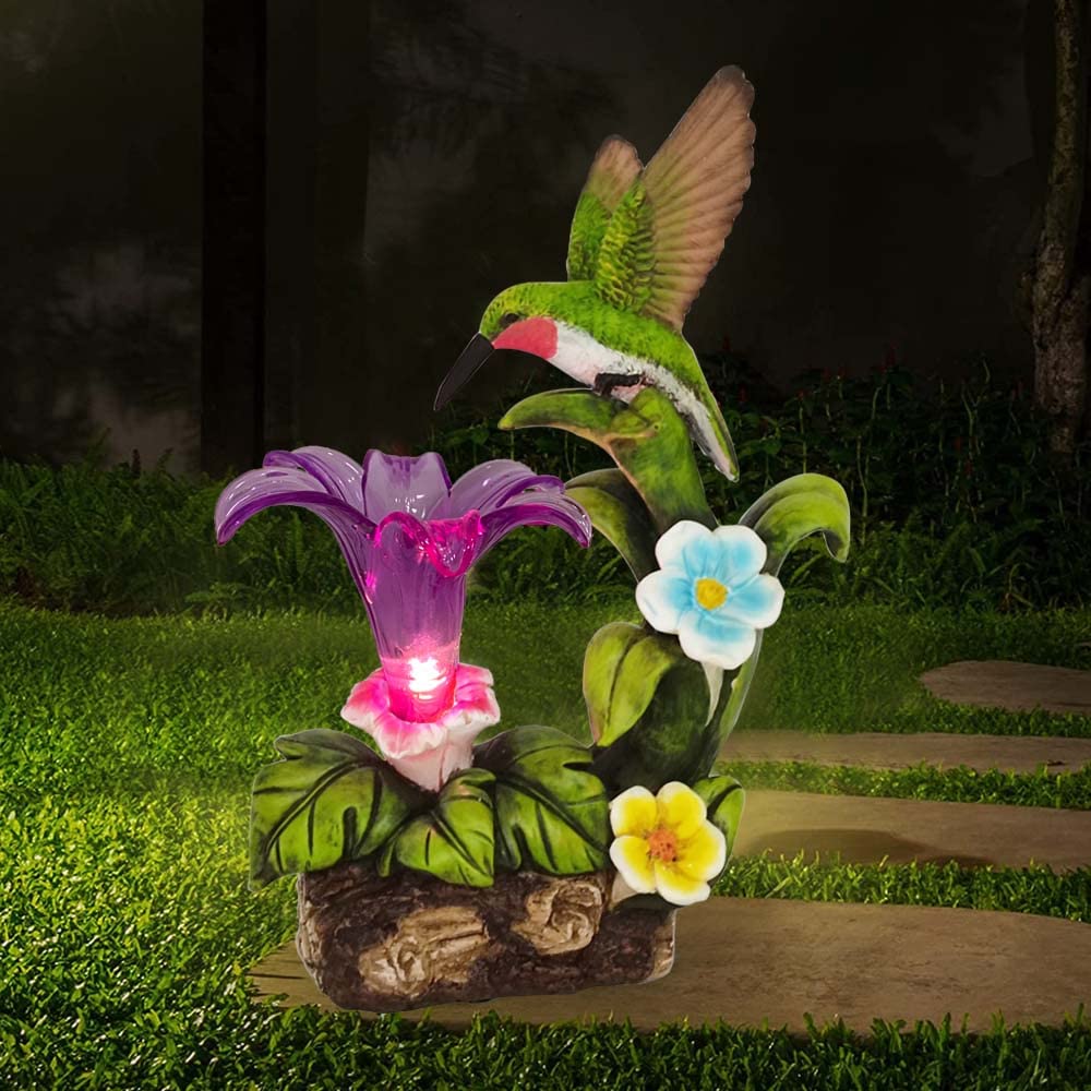 Solar Powered Hummingbird Garden Light - Waterproof Resin Statue with Flower Decor for Outdoor Patio, Lawn & Yard - Perfect for Garden Art, Pathway Lighting & Backyard Decorations