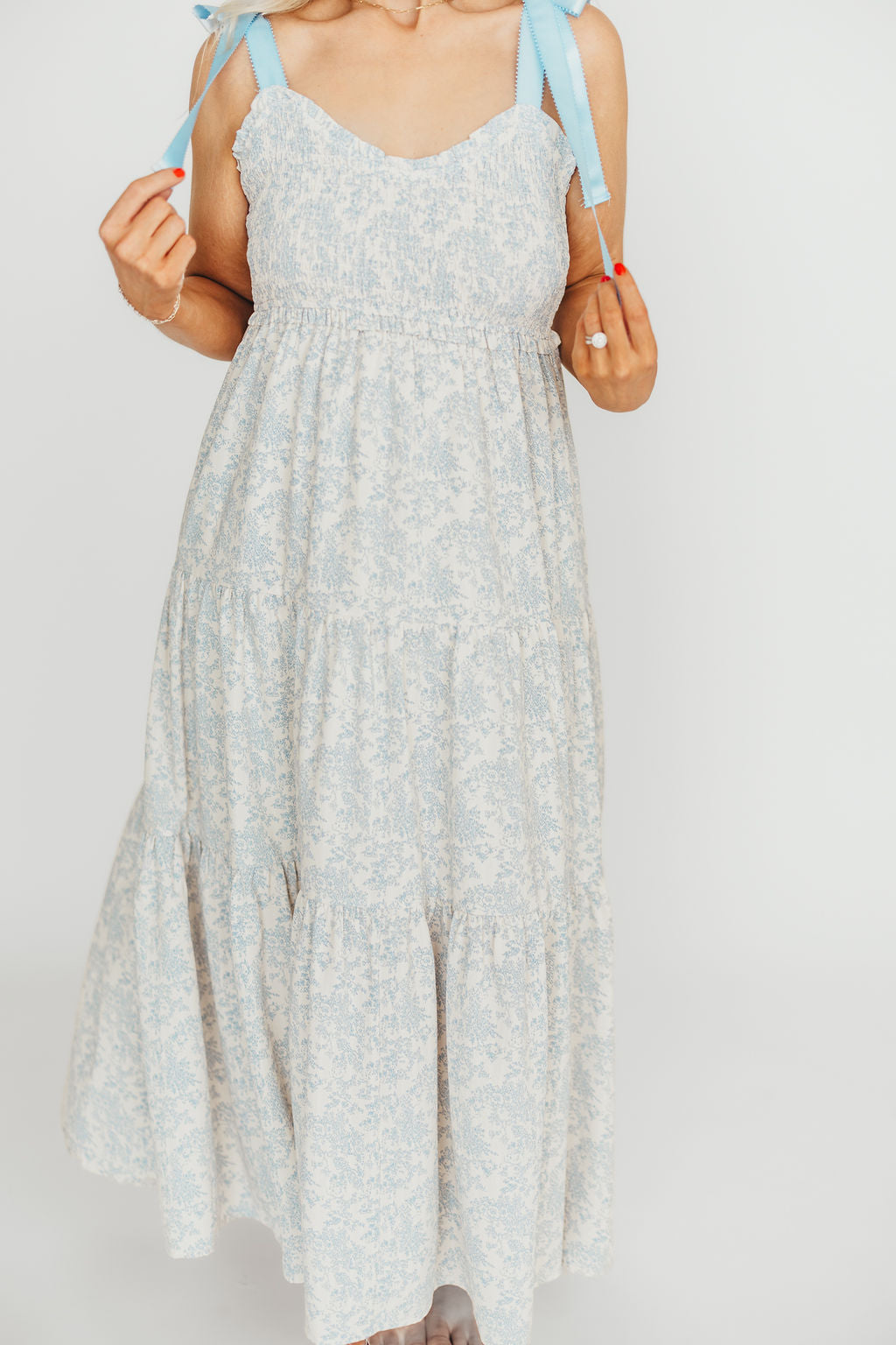 Lottie Blue Floral Tiered Maxi Dress - Women's Summer Boho Beach Dress for Vacation & Outdoor Parties