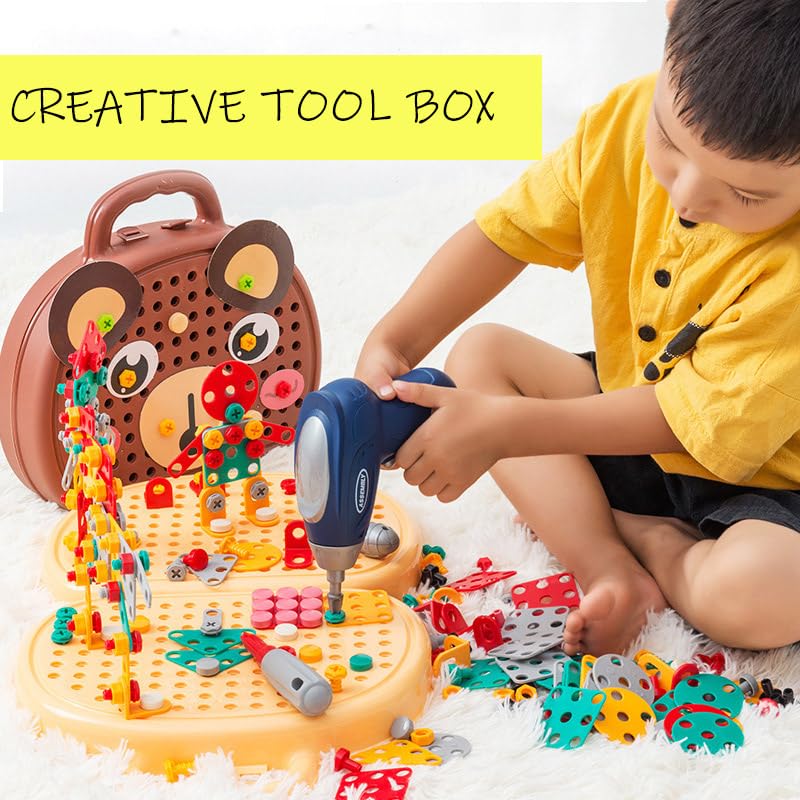 Montessori Magic Play Toolbox with Electric Drill - 204 PCS Creative Mosaic Puzzle Toy Set for Kids | STEM Learning, Fine Motor Skills Development | Perfect for Classroom & Home Educational Play