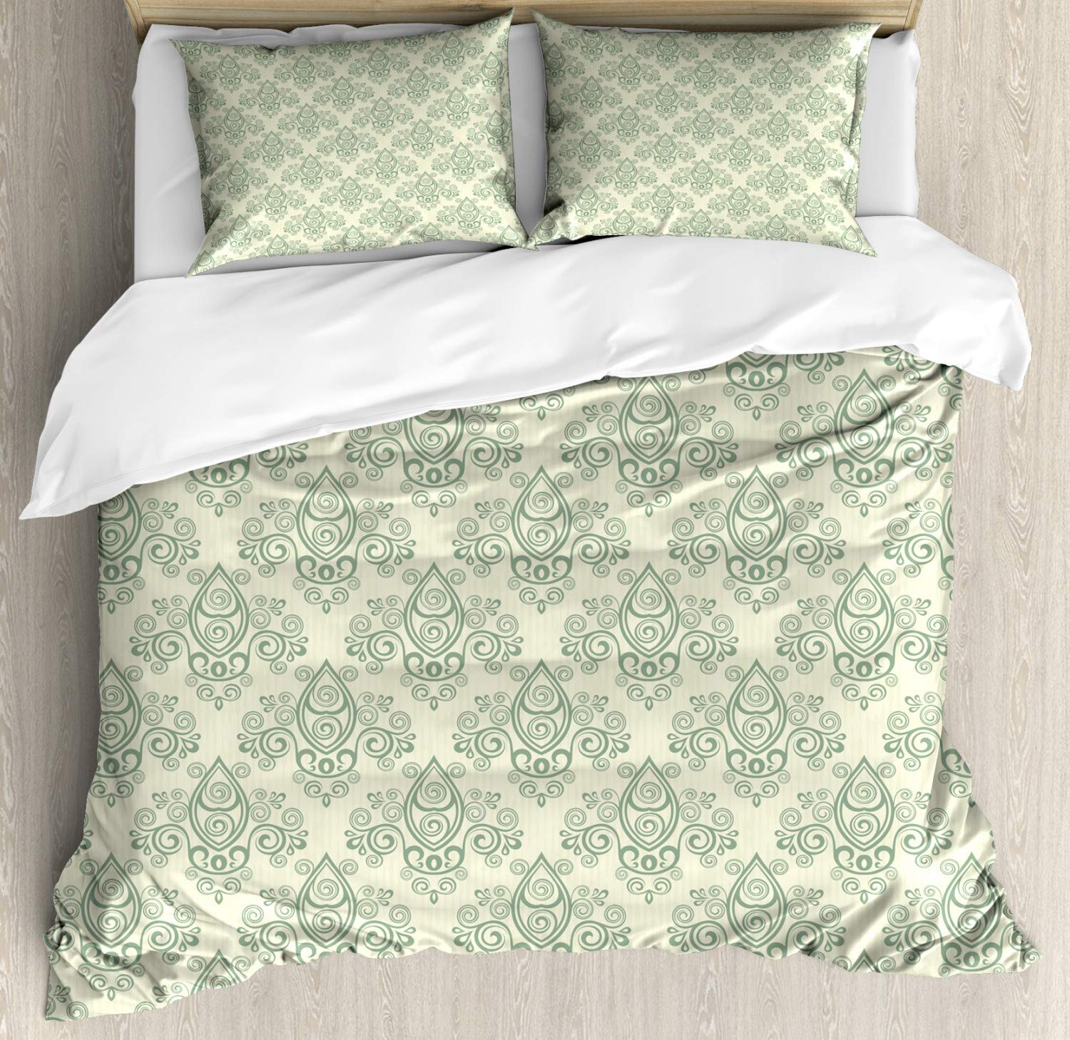 Ambesonne Vintage Duvet Cover Set - Hand-Drawn Floral Victorian Design, 3-Piece King Size Bedding with 2 Pillow Shams in Cream & Laurel Green | Perfect for Master Bedrooms, Guest Rooms & Victorian-Themed Home Decor