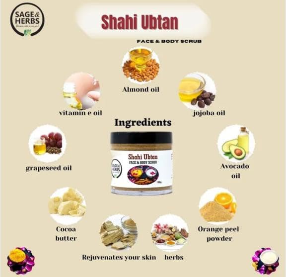Natural Sage & Herbs Shahi Ubtan Face & Body Scrub with Orange & Turmeric - Exfoliating Tan Removal for Glowing Skin | All Skin Types | Perfect for Daily Skincare & Spa Treatments