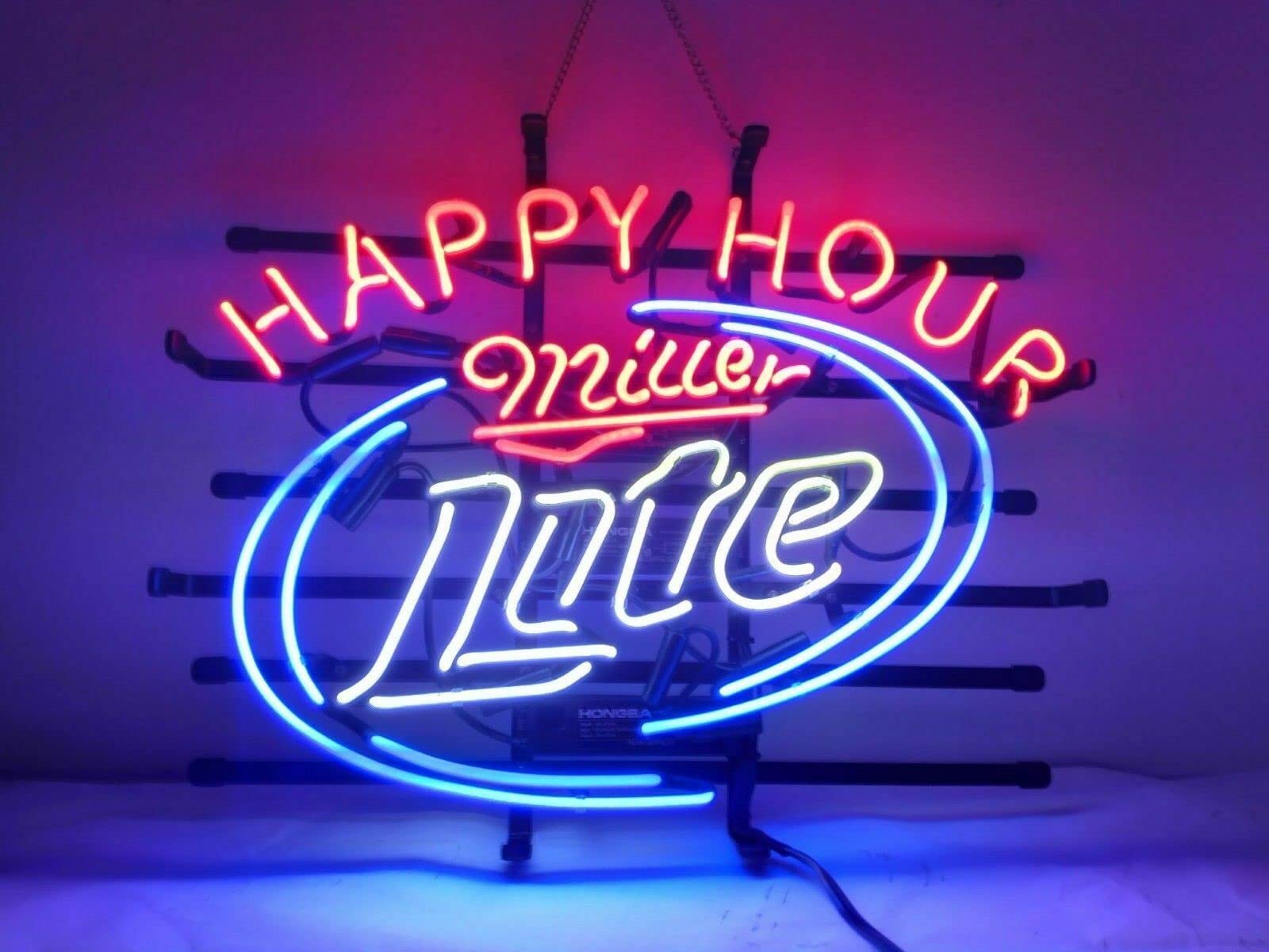 Queen Sense 20x16 Inch Millers Lite Happy Hour Neon Sign - Vintage Beer Bar Light for Man Cave, Pub & Home Decor - Perfect Gift for Beer Lovers & Party Enthusiasts - Ideal for Game Nights, Basement Bars & Brewery Themed Rooms