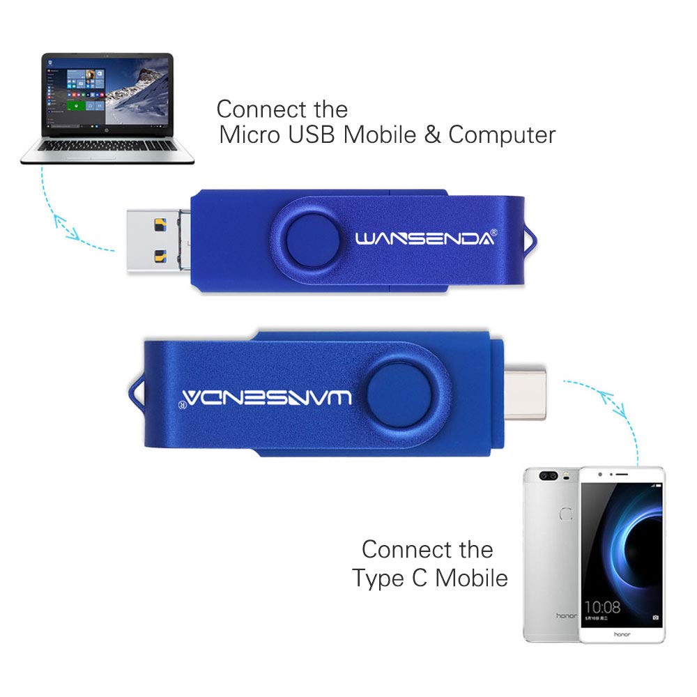 WANSENDA 128GB 3-in-1 USB Flash Drive OTG for Android/PC/Mac - Navy Blue