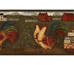 Country Chickens Red Barn and Eggs Wallpaper Border - Farmhouse Decor for Kitchen, Nursery, or Country-Themed Rooms