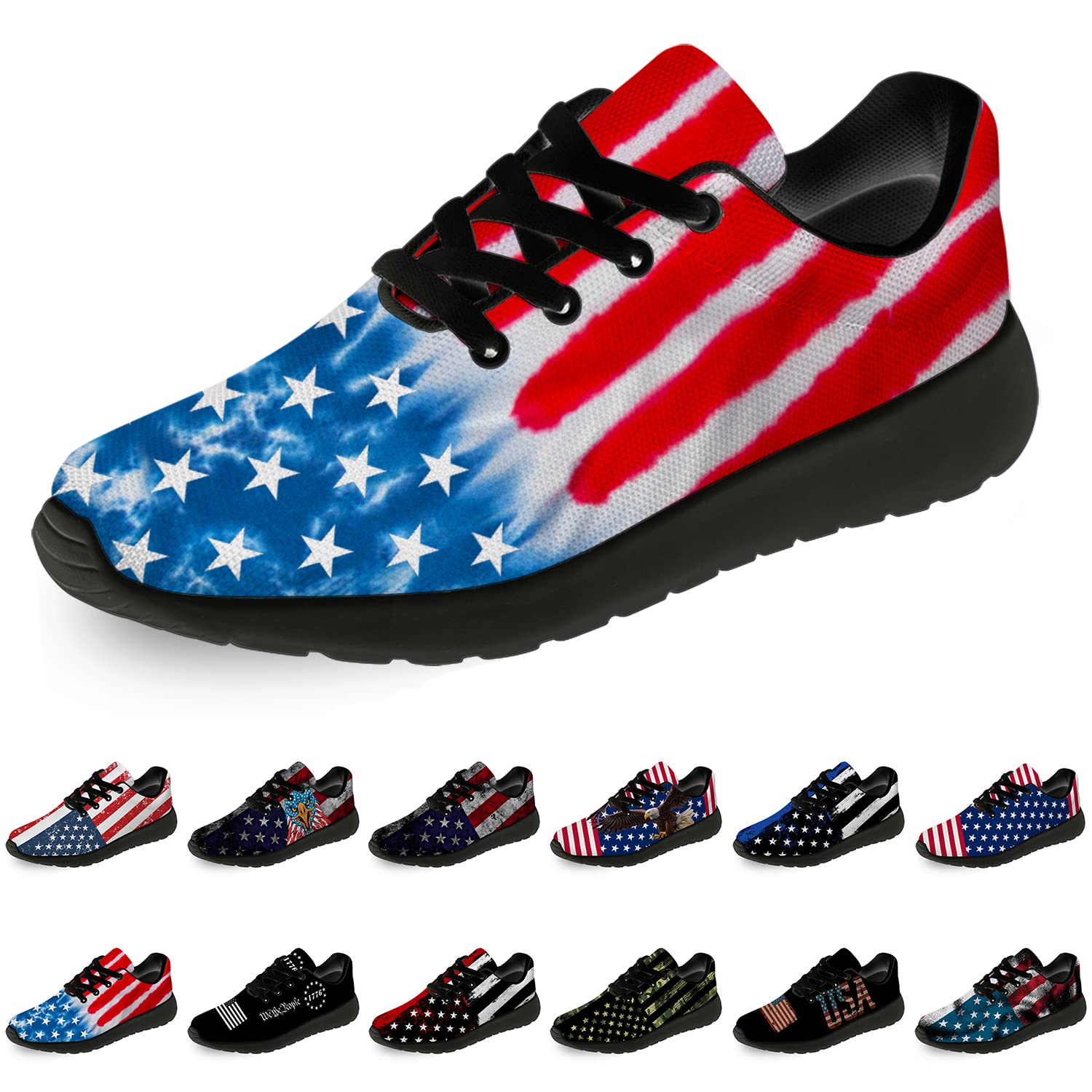 **American Flag Patriotic Sneakers - Red Blue Tie Dye Striped Running & Walking Shoes for Men & Women - Size 12 Men/15 Women - Perfect for 4th of July, Independence Day & Outdoor Activities**
