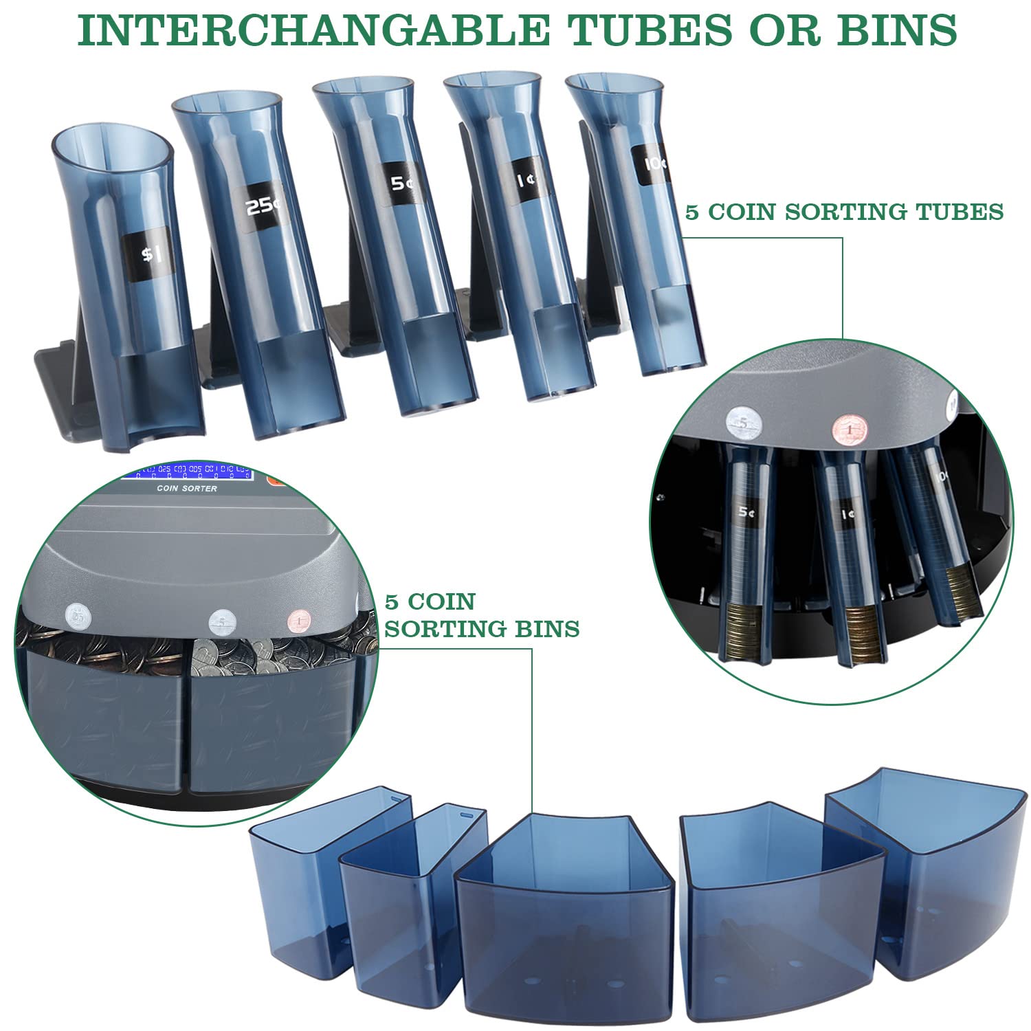 8T8 Professional Automatic Coin Sorter and Wrapper Machine - LCD Display, 5 Coin Bins & Tubes - Fast Money Counting for Banks, Retail Stores, and Small Businesses (USD Coin Counter)