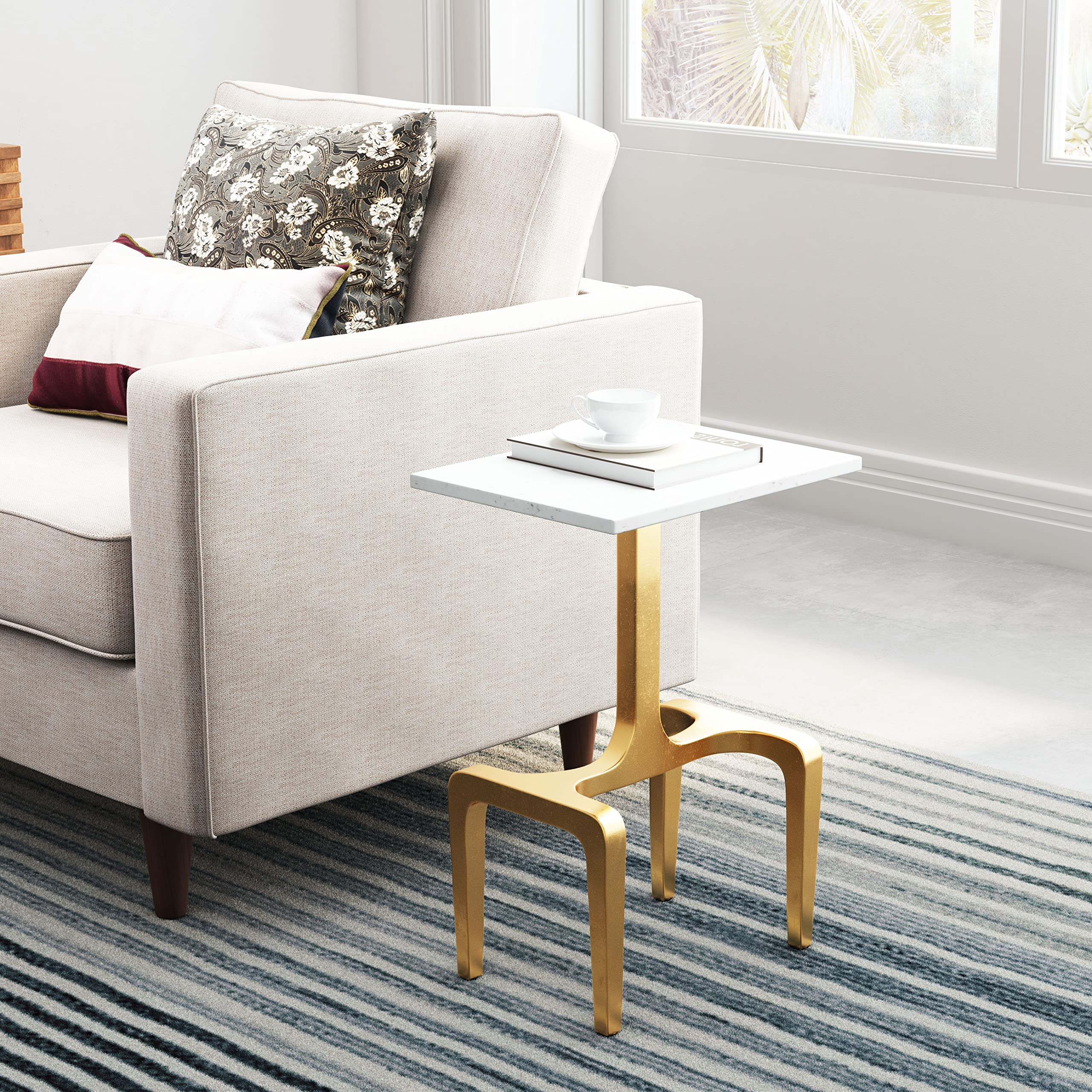 Zuo Clement Marble Side Table - White & Gold Accent End Table for Living Room, Bedroom & Office Decor | Modern Luxury Nightstand with Marble Top & Gold Metal Base