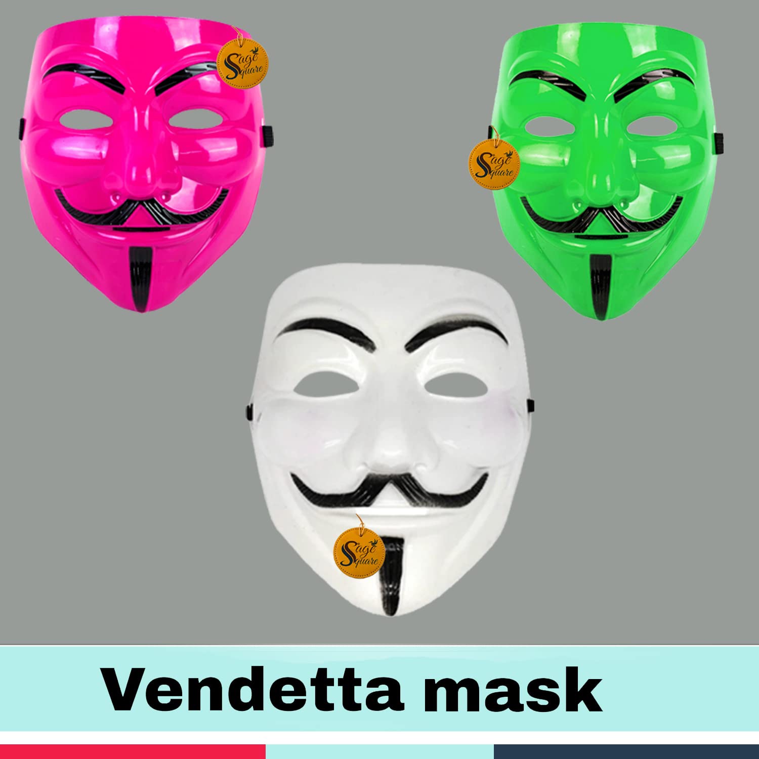 V for Vendetta Anonymous VIP Edition Face Mask - Sage Square Golden, Pink & White Set of 3 - Perfect Fit Cosplay & Halloween Costume Accessory - Protest, Movie Theme Party, and LARP Events