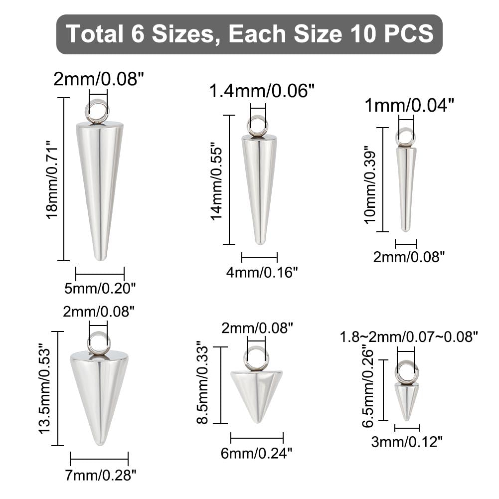UNICRAFTALE 60pcs Stainless Steel Cone Charms - 6 Sizes Hypoallergenic Punk Style Spiked Pendants for DIY Jewelry Making (Necklace, Earrings, Bracelet) - Perfect for Gothic, Boho, and Rock Fashion Accessories