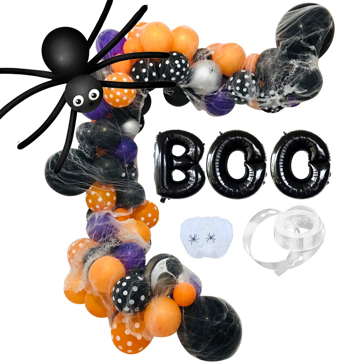 132-Piece Halloween Balloon Garland Arch Kit with Spider Web, Black, Orange & Metallic Silver Balloons - Perfect for Halloween Party Decorations, Photo Backdrops & Spooky Home Decor