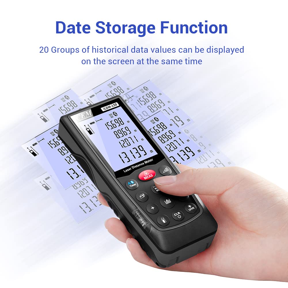 Premium CEM Laser Distance Measure with Bluetooth - 229ft Range, IP54 Waterproof Laser Measuring Tool for Pythagorean, Angle, Area & Volume Calculations | Min/Max Function, M/In/Ft Unit Switch | Includes Batteries, Tripod Thread & Backlight - Perfect for Construction, DIY Projects & Home Renovation