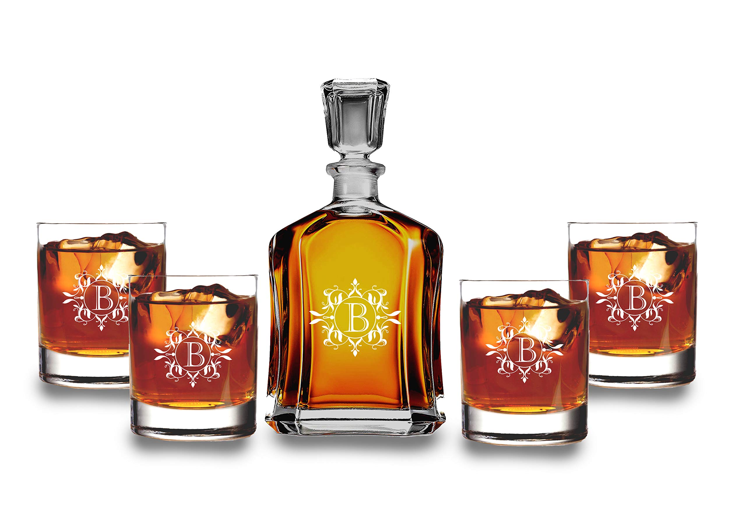 Personalized Bourbon Decanter Gift Set with 4 Glasses - Custom Engraved Monogram Initials - Elegant Wedding & Anniversary Present for Whiskey Lovers - Perfect for Home Bars, Special Occasions & Gifting