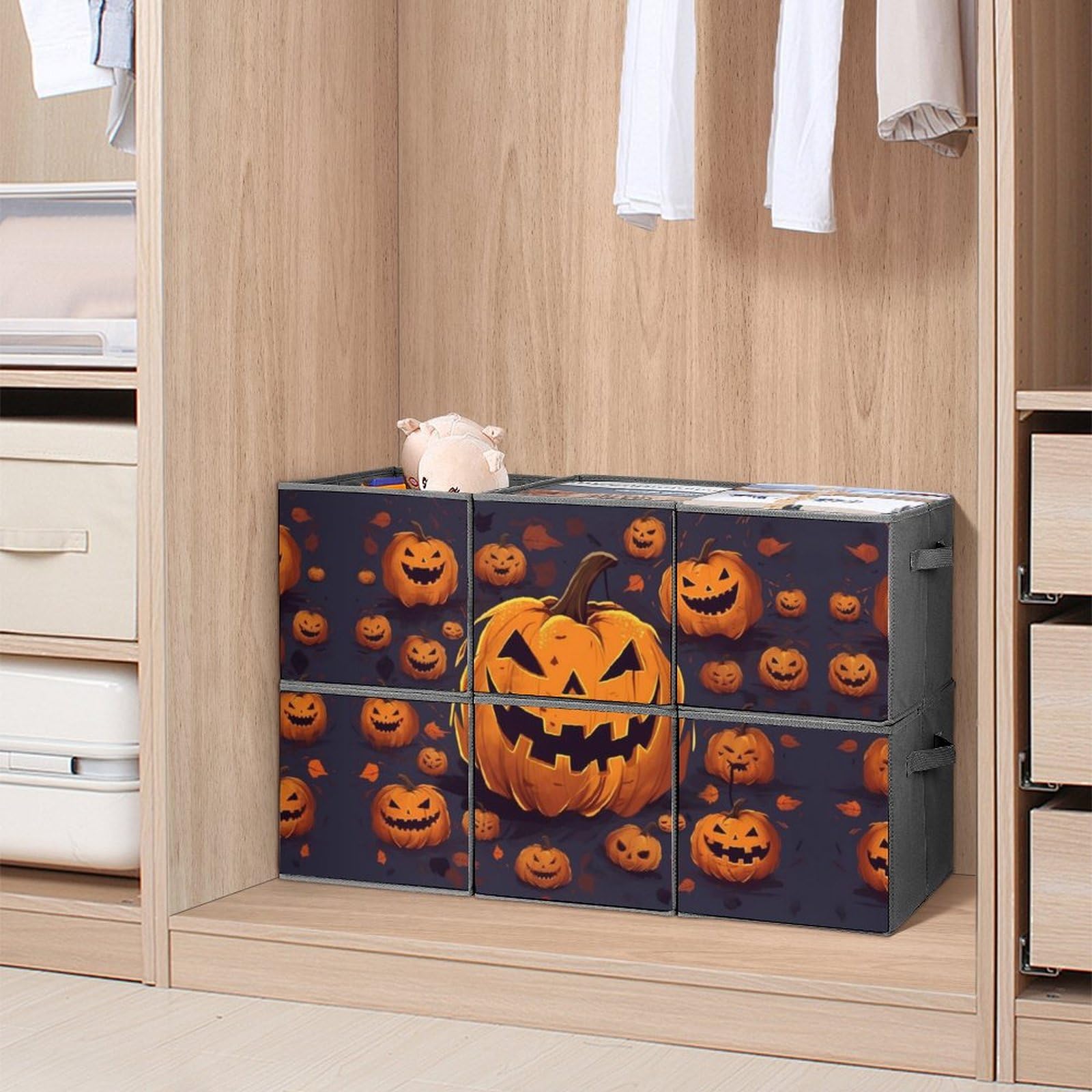 6-Pack Collapsible Halloween Pumpkin Storage Bins with Handles - Large Closet Organizer Baskets for Clothing, Houseware & Seasonal Decor | Perfect for Home Organization, Closet Storage & Holiday Decorations