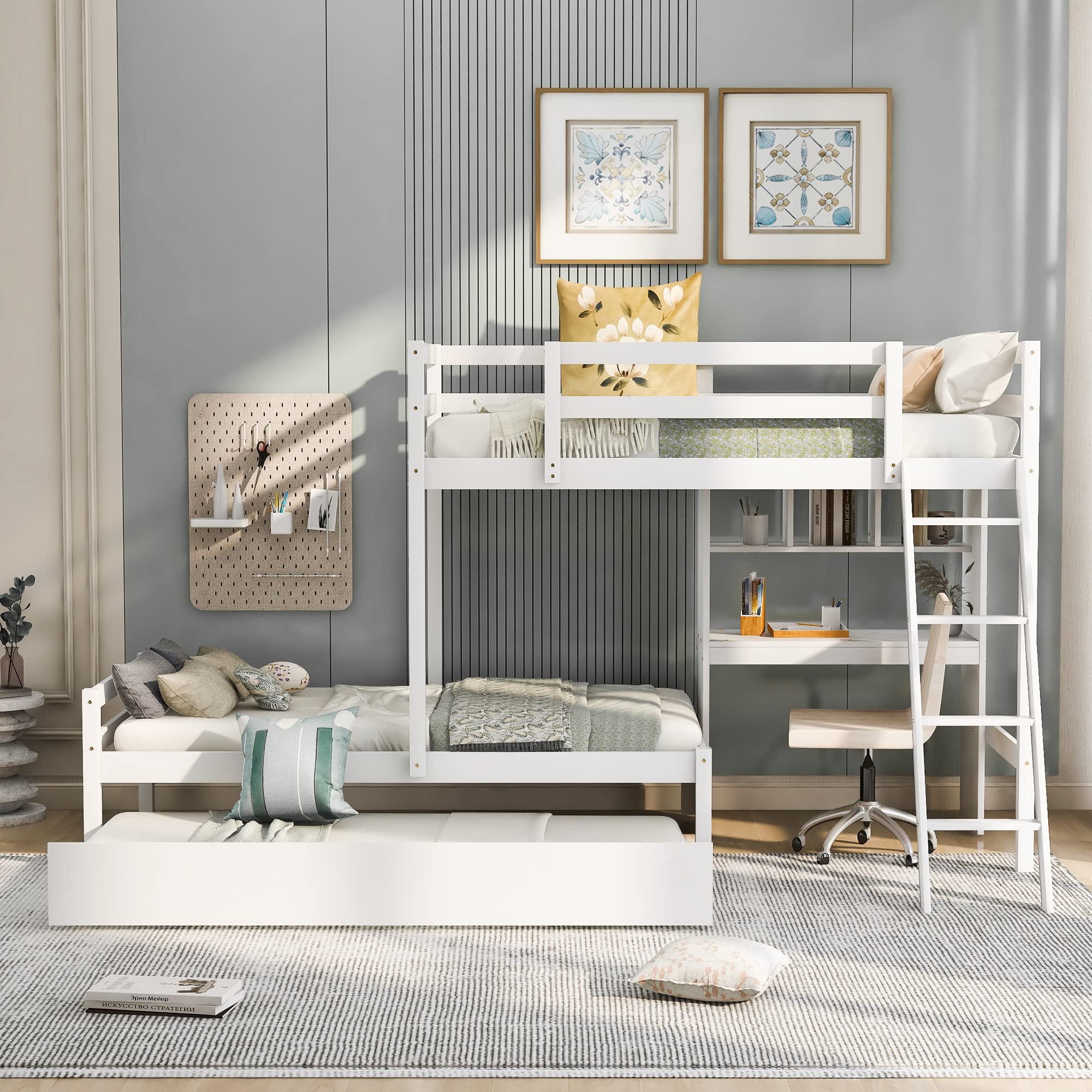 Convertible Twin Over Twin Wooden Bunk Bed with Built-in Desk, Bookshelves & Trundle - 3-in-1 Space Saving Design (White) - Perfect for Kids' Bedroom, Guest Room & Small Spaces