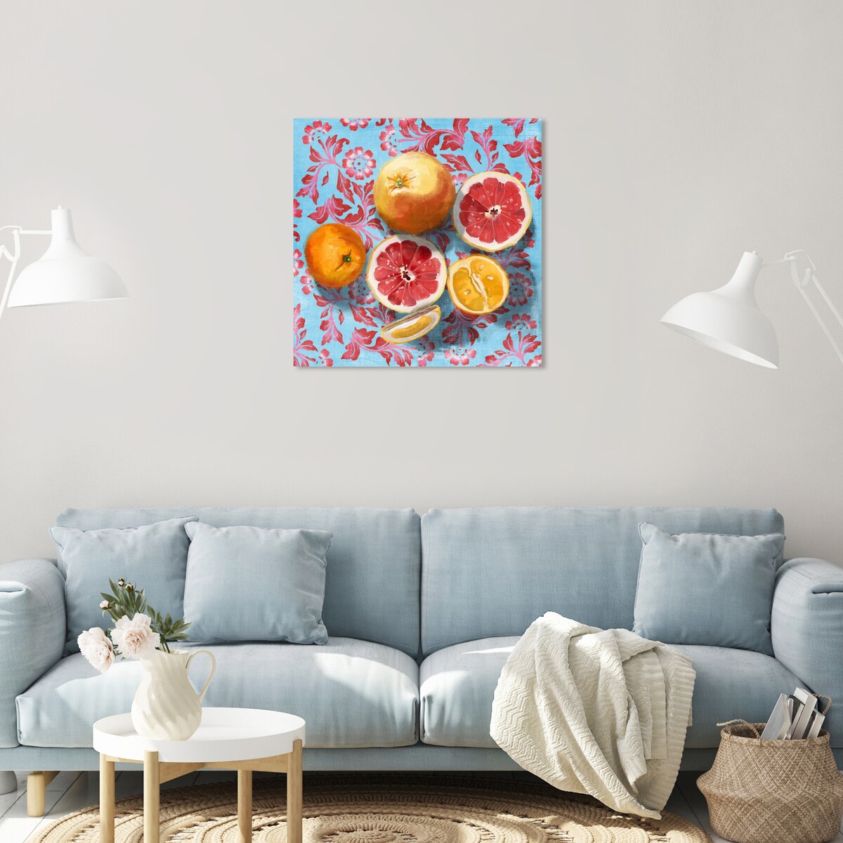 Tropical Citrus Still Life Blue Canvas Wall Art Print - Kitchen & Cabin Decor - Perfect for Farmhouse, Lodge, and Rustic Home Decor