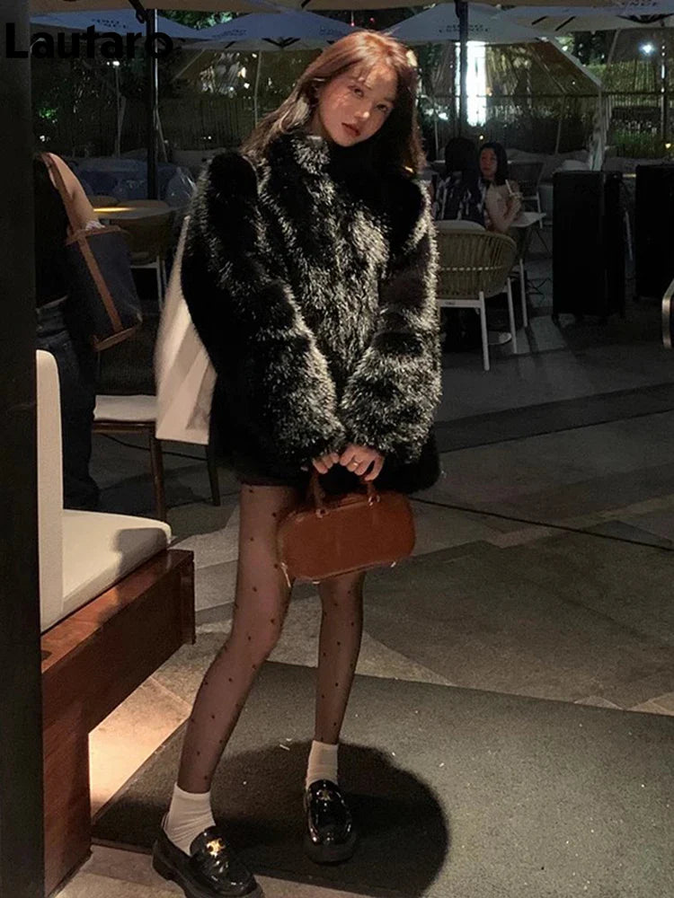 2023 Women's Winter Faux Fox Fur Coat - Soft Thick Warm Shaggy Fluffy Jacket with Stand Collar & Long Sleeves | Perfect for Cold Weather, Outdoor Activities & Fashion Layering
