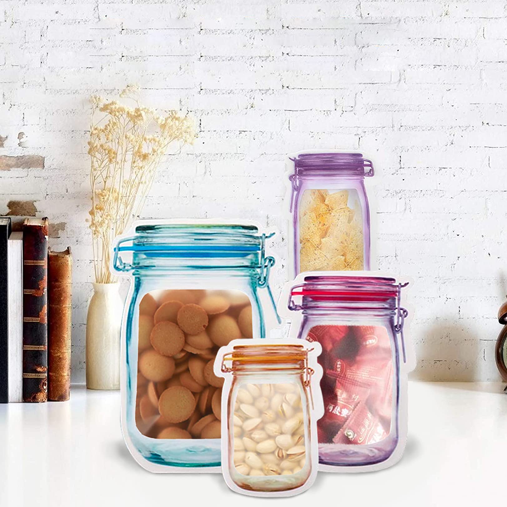 Enkrio 30Pcs Reusable Mason Jar Zipper Bags - Food Storage Snack Bags for Kitchen, Travel, Camping & Picnic - Airtight & Portable (5 Small, 8 Medium, 12 Large, 5 Tall) - Perfect for Meal Prep, School Lunches & On-the-Go Snacks