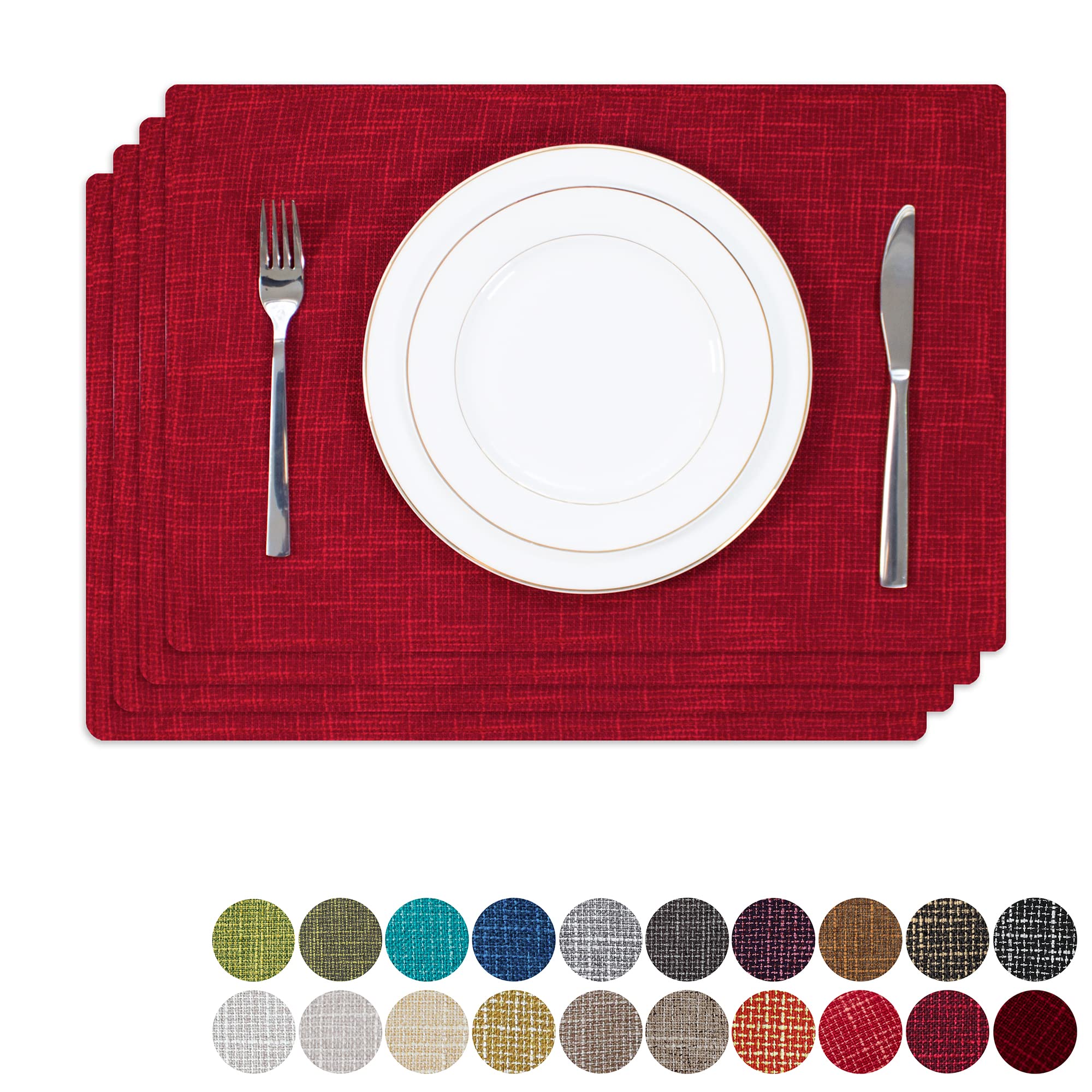 Kevin Textile 4-Piece Burlap Linen Placemats Set - Heat Resistant, Washable Dining Table Mats (13x19 Inches, Burgundy) for Valentine's Day, Kitchen & Holiday Decor