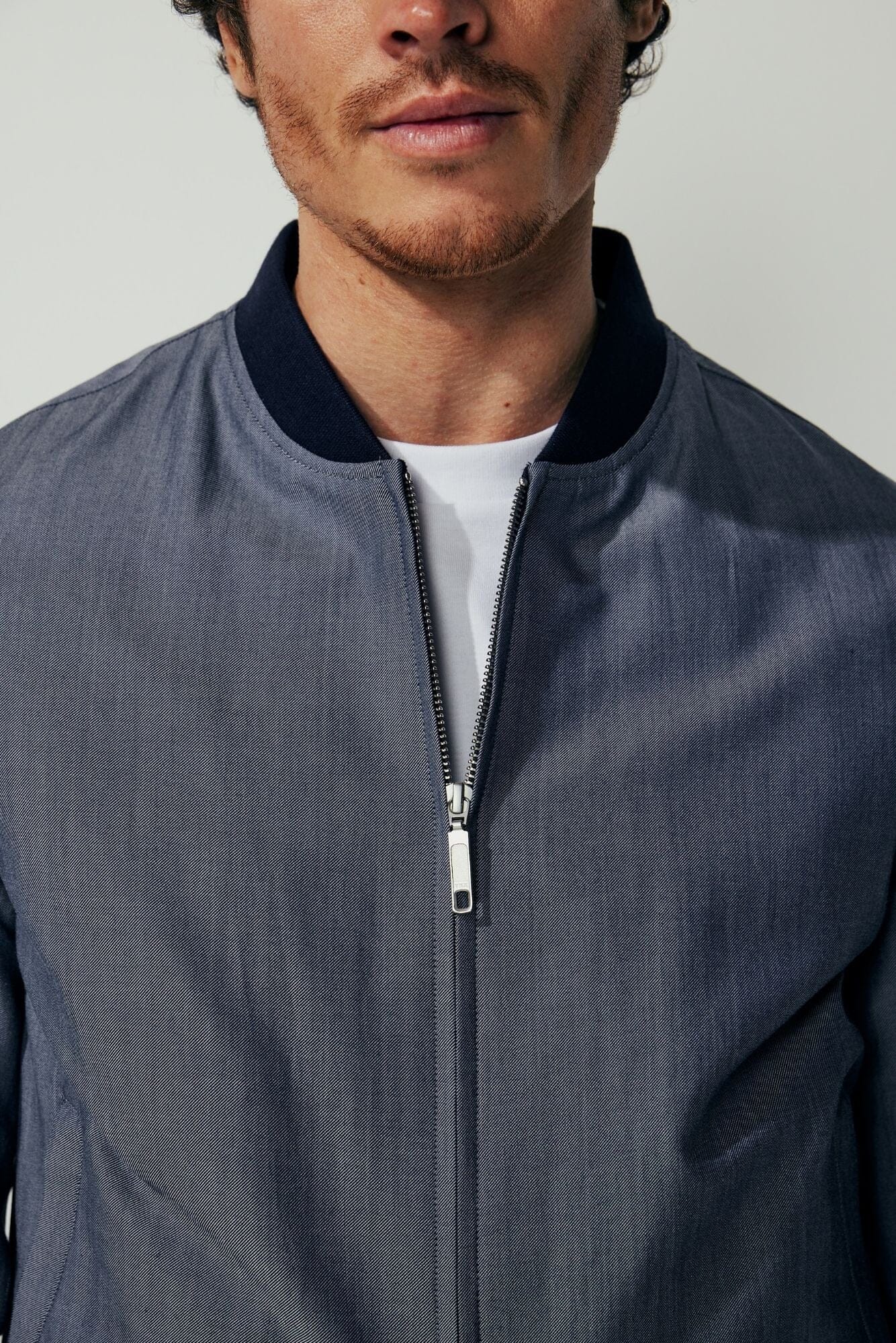 Men's Steel Blue Bomber Jacket - Wool & Cotton Blend - Stylish & Warm Outerwear for Casual Wear, Fall & Winter Fashion