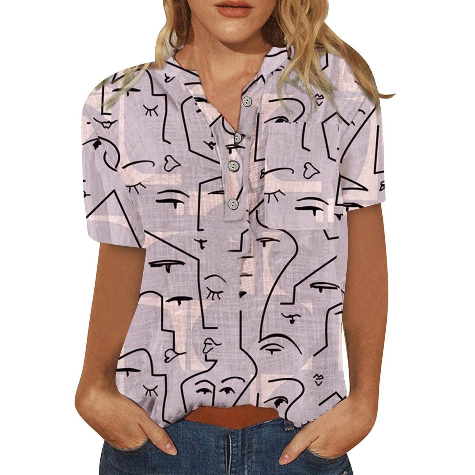 Women's Printed Crew Neck Short Sleeve T-Shirt - Soft Cotton Linen Blend Summer Blouse - Loose Fit Casual Top for Women | Perfect for Beach, Vacation & Everyday Wear