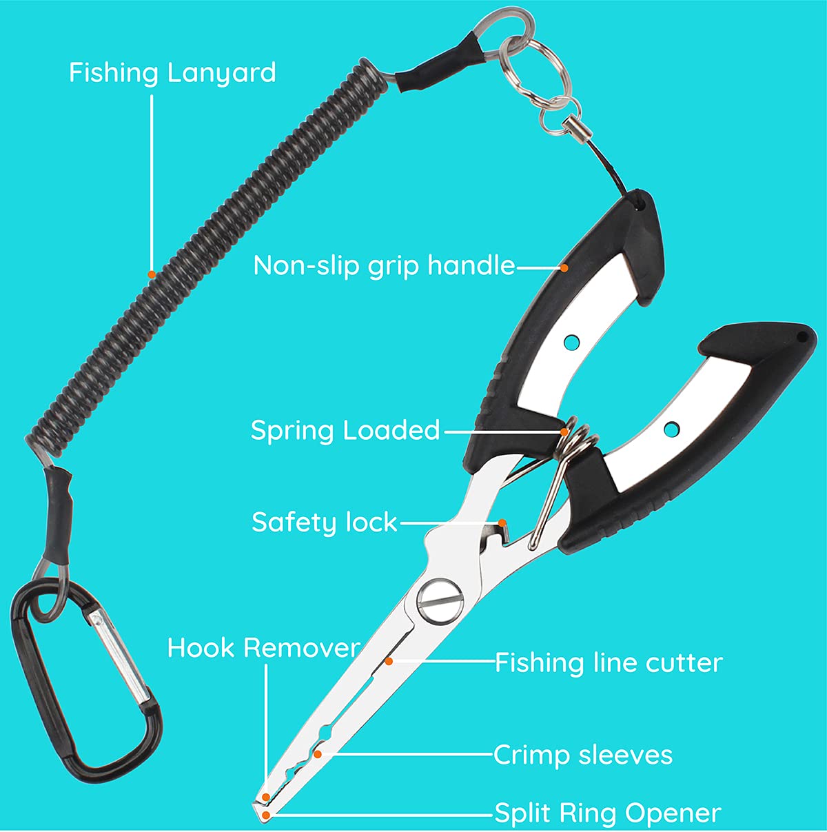 Stainless Steel Fishing Pliers & Multi-Tool with Line Cutter, Split Ring Plier & Hook Remover - Durable Saltwater & Freshwater Fishing Gear with Lanyard - Perfect for Anglers, Boat Fishing & Outdoor Adventures