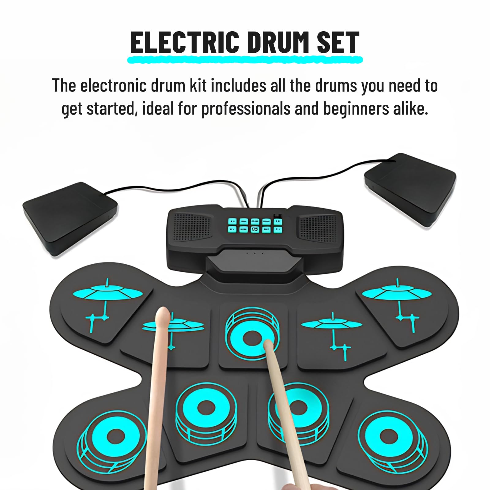 Electronic Drum Set - 9-Pad Roll Up Electric Drum Kit with Headphone Jack & Built-in Speaker | Portable Practice Drum Pad with Digital Pedals & Drum Sticks | Perfect for Beginners, Home Practice & Holiday Birthday Gifts | Great for Small Spaces, Apartments & Noise-Free Music Training