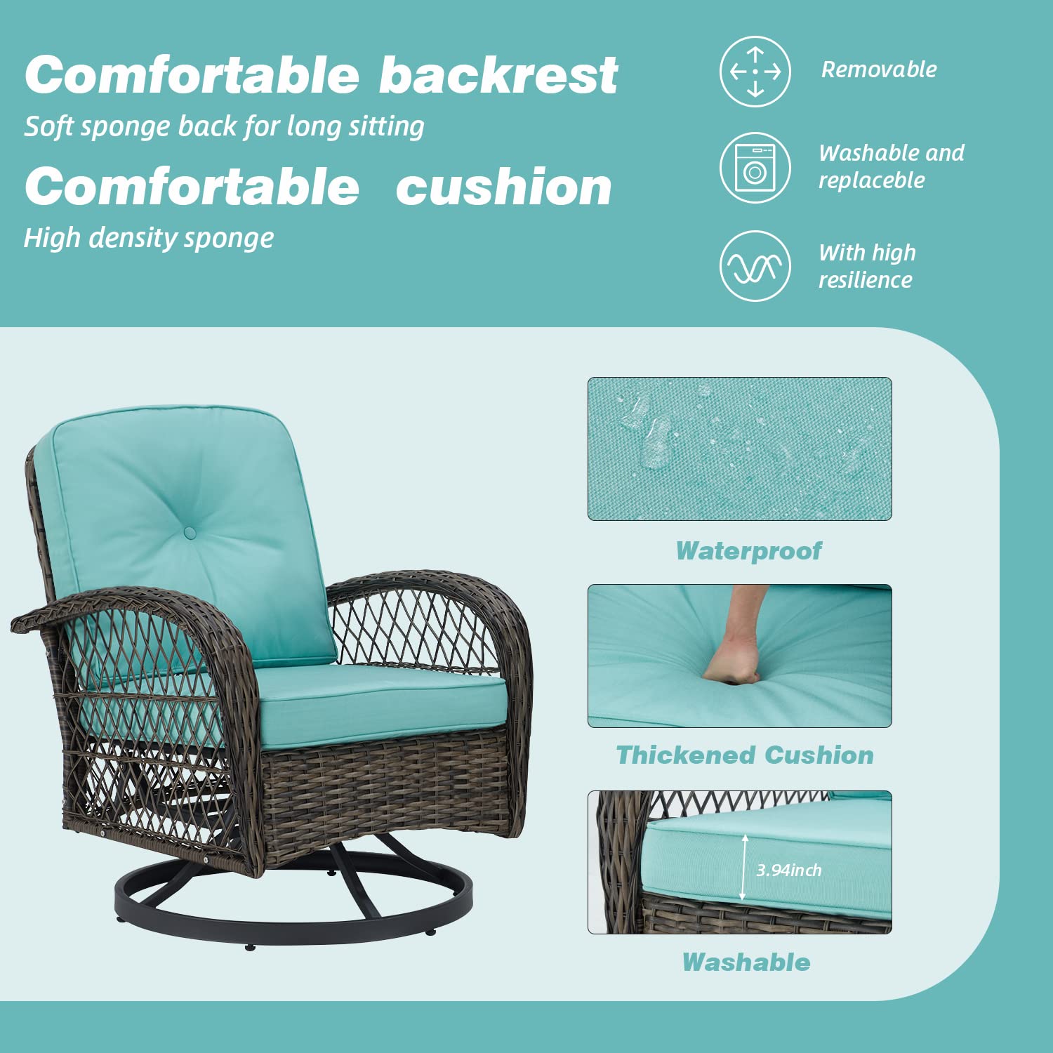 EROMMY 3-Piece Outdoor Swivel Rocking Chair Set with 360° Rotation, Thickened Cushions & Glass Coffee Table - Patio Conversation Furniture for Backyard, Garden or Poolside (Blue)