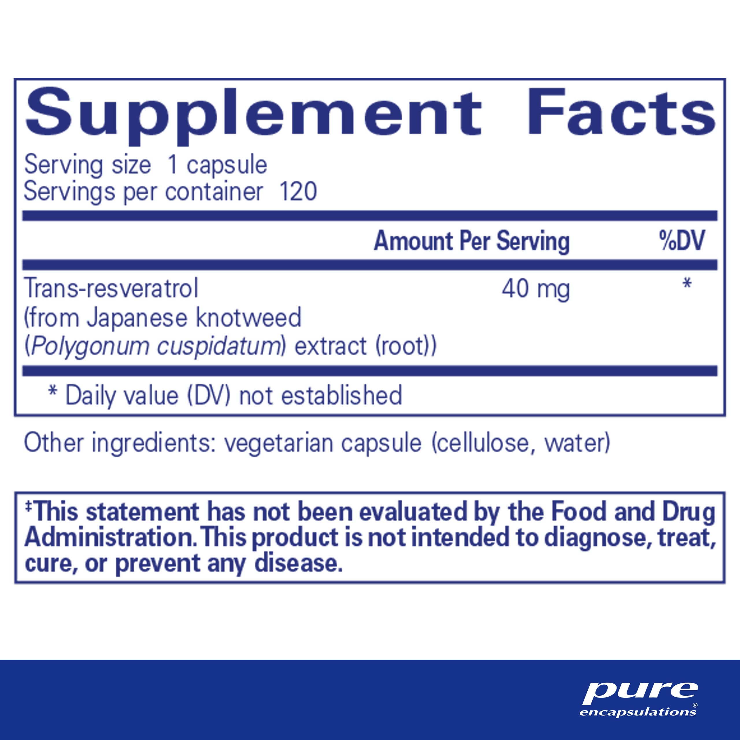 Pure Encapsulations Resveratrol 40mg - 120 Capsules | Antioxidant Supplement for Heart Health, Brain Function & Cellular Support | Gluten Free, Non-GMO | Supports Cardiovascular Wellness & Cognitive Performance