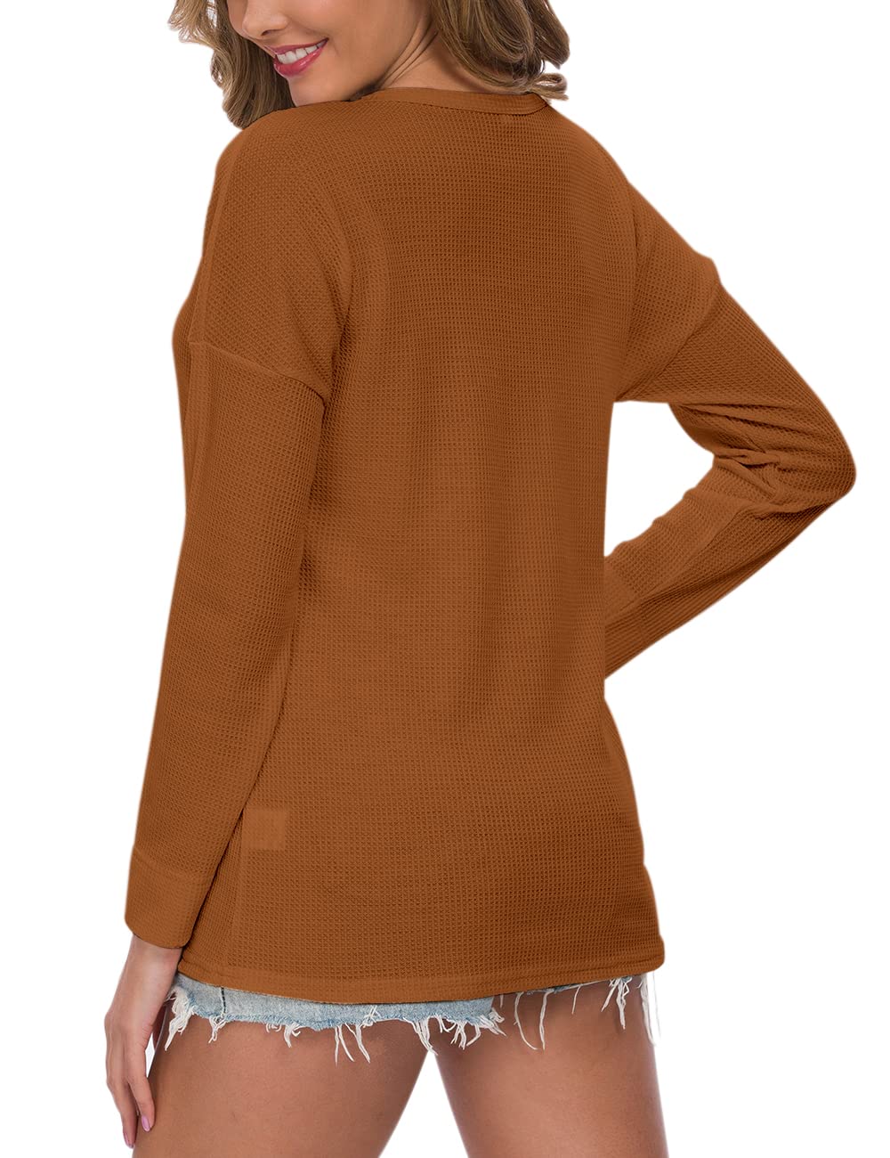 WNEEDU Women's Waffle Knit Tunic Top - Long Sleeve Loose Fit Button Up V-Neck Henley Shirt for Casual Wear, Office & Fall Outfits