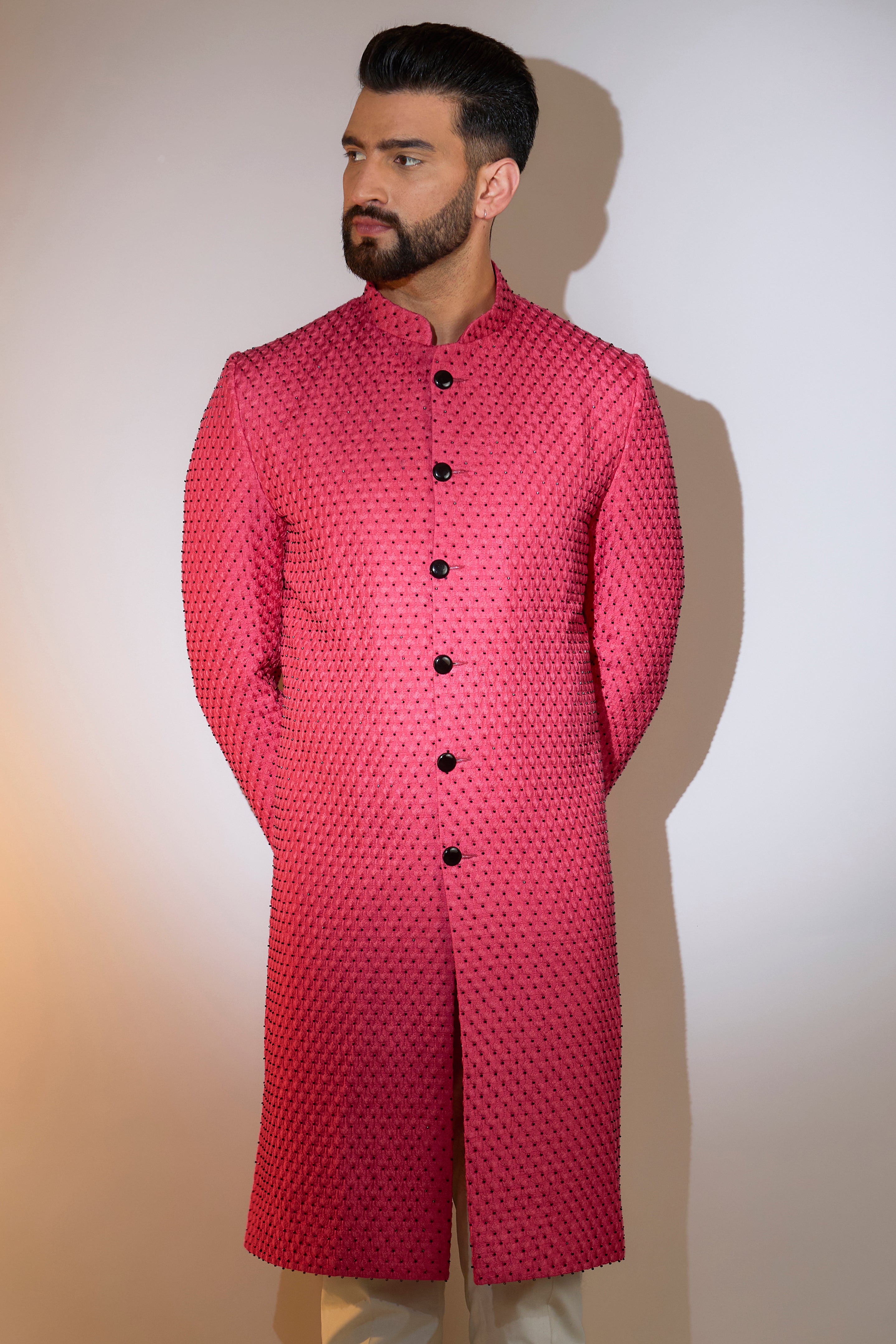 Elegant Hot Pink Sherwani with Intricate Black Cut Dana Work - Perfect for Weddings, Festivals & Special Occasions