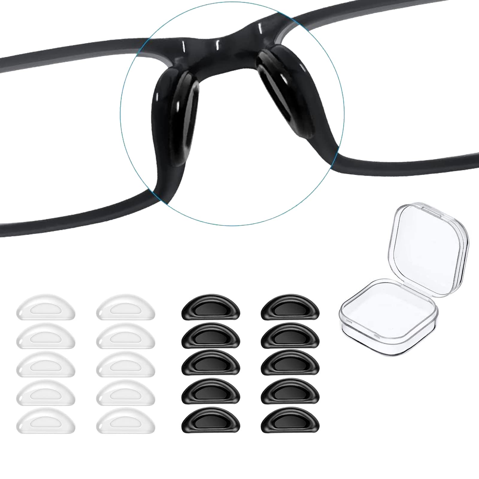 Premium Silicone Eyeglass Nose Pads - Anti-Slip Adhesive Pads for Glasses & Sunglasses (5 Black + 5 Clear Pairs) with Free Storage Box - Relieves Pressure & Enhances Comfort for All-Day Wear - Perfect for Reading, Driving & Outdoor Activities