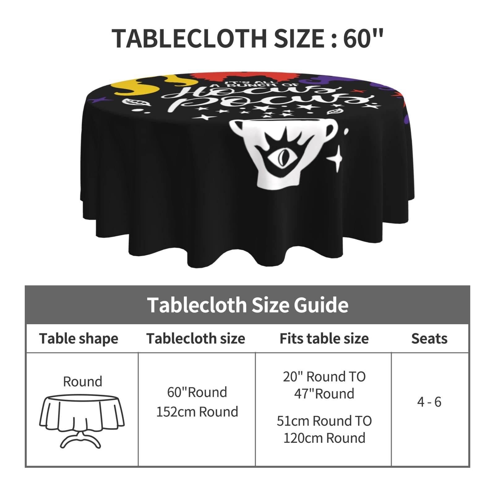 Hocus Pocus Halloween Tablecloth 60x60 Inch - Sanderson Sisters Design, Stain & Wrinkle Resistant Polyester - Perfect for Kitchen, Dining & Halloween Parties