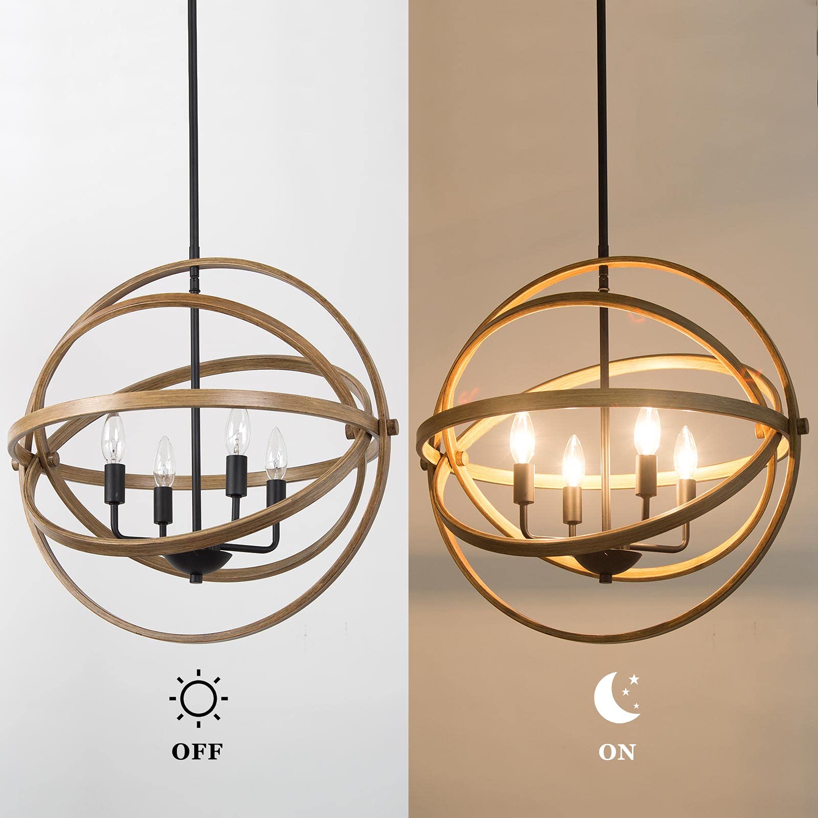 Farmhouse Chandelier Lighting - 4-Light Orb Pendant Light Fixture with Wood Finish, 21