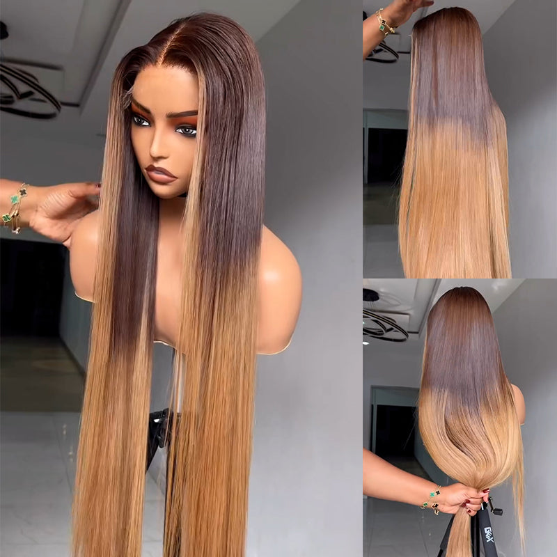 Eullair Ombre Chocolate Brown with Honey Brown Sunk Stripe Straight Human Hair Wig - Pre-Colored Transparent HD Lace Frontal Wig for Women (EW010) | Natural Look for Daily Wear, Parties & Special Occasions