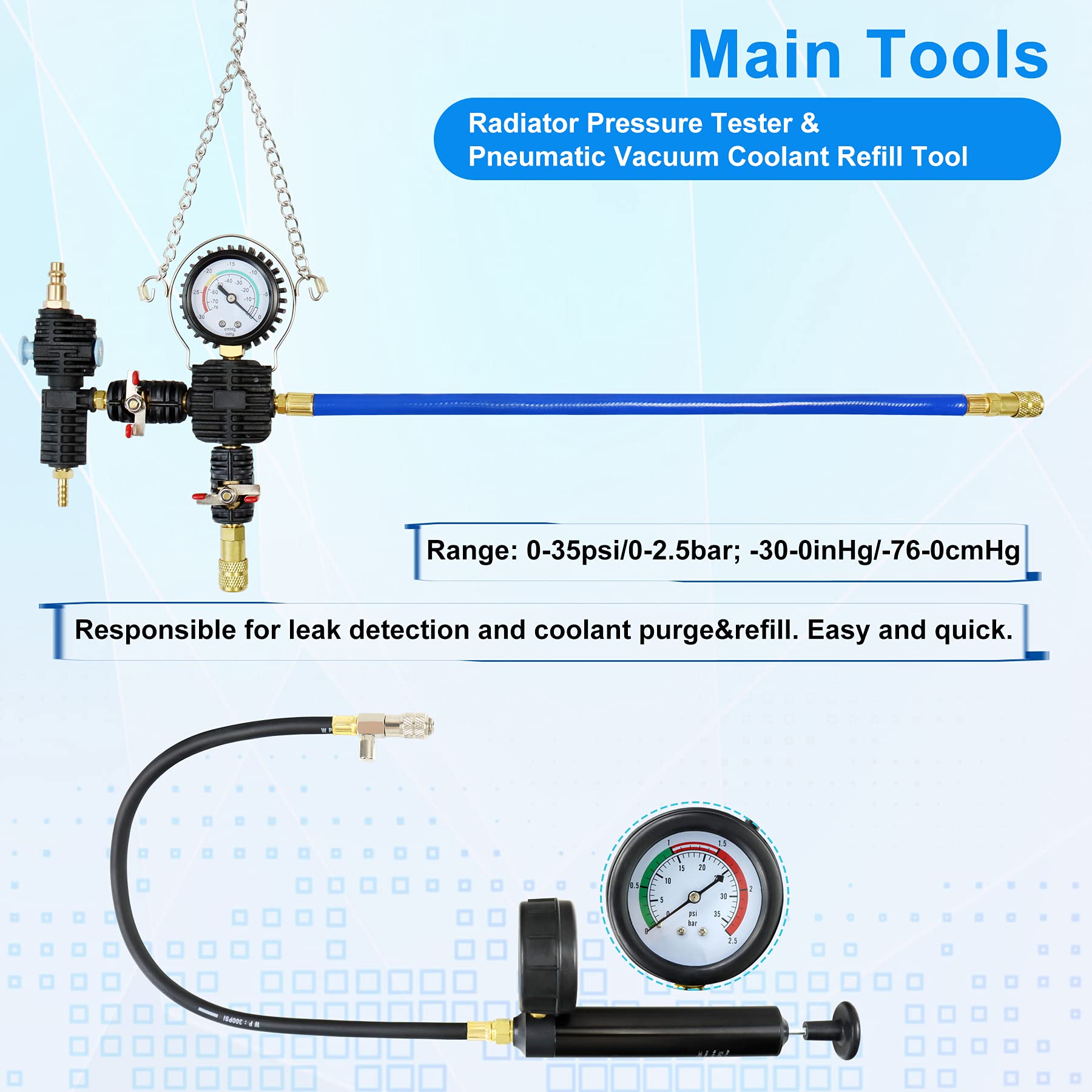 JoyFans 33Pcs Automotive Radiator Pressure Tester Kit with Cooling System Vacuum Tool, Pressure Gauge & Universal Adapters for Cars, Trucks - Perfect for DIY Coolant Flush & System Maintenance