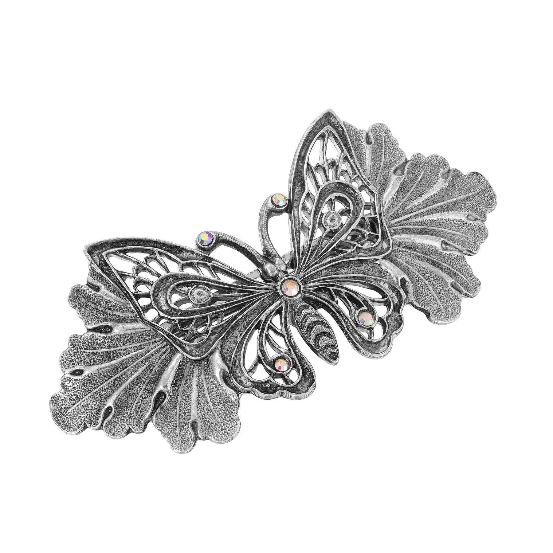 1928 Vintage Butterfly on Leaf AB Crystal Hair Barrette Clip - Elegant Hair Accessory for Women, Bridal, Prom & Special Occasions