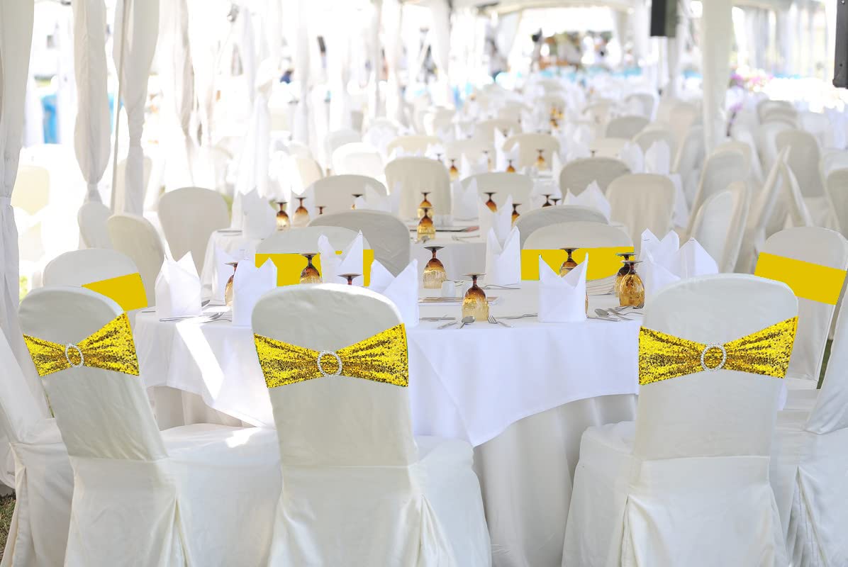 100 Gold Stretch Sequin Chair Sashes - Elegant Spandex Bands for Wedding Decor, Banquet Reception & Party Chair Decorations (Pack of 100) - Perfect for Romantic Events, Bridal Showers & Anniversary Celebrations
