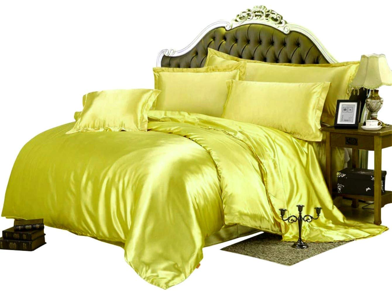 Luxury 10-Piece Satin Comforter Set - Soft Silk-Like Bedding (Comforter, Duvet Cover, Flat Sheet, Fitted Sheet, 6 Pillowcases) - Olympic Queen Size in Yellow - Perfect for Master Bedrooms, Guest Rooms & Luxury Hotels