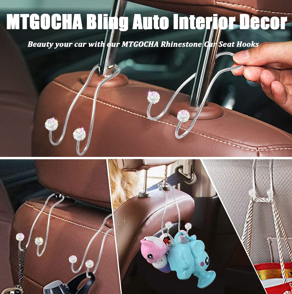 MTGOCHA Upgraded Bling Car Purse Hook Hanger - 2 Pack Silver Car Seat Headrest Hook for Women, Perfect for Handbags, Totes & Shopping Bags - Ideal for Road Trips, Commuting & Errands