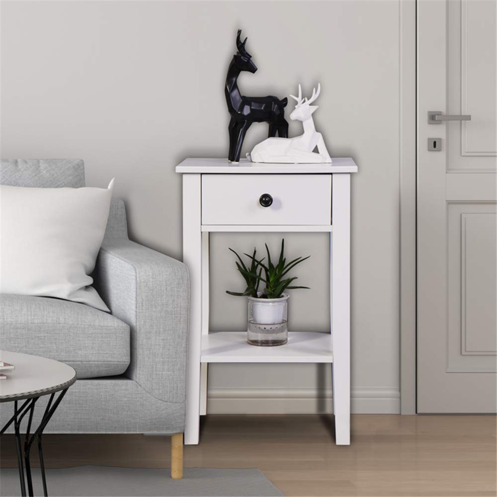 Modern White Side End Table with Drawer - 2-Tier Bedside Nightstand, Coffee Table & Sofa Side Table - 16.3”L x 12.6”W x 25.6”H - Perfect for Bedroom, Living Room & Small Spaces