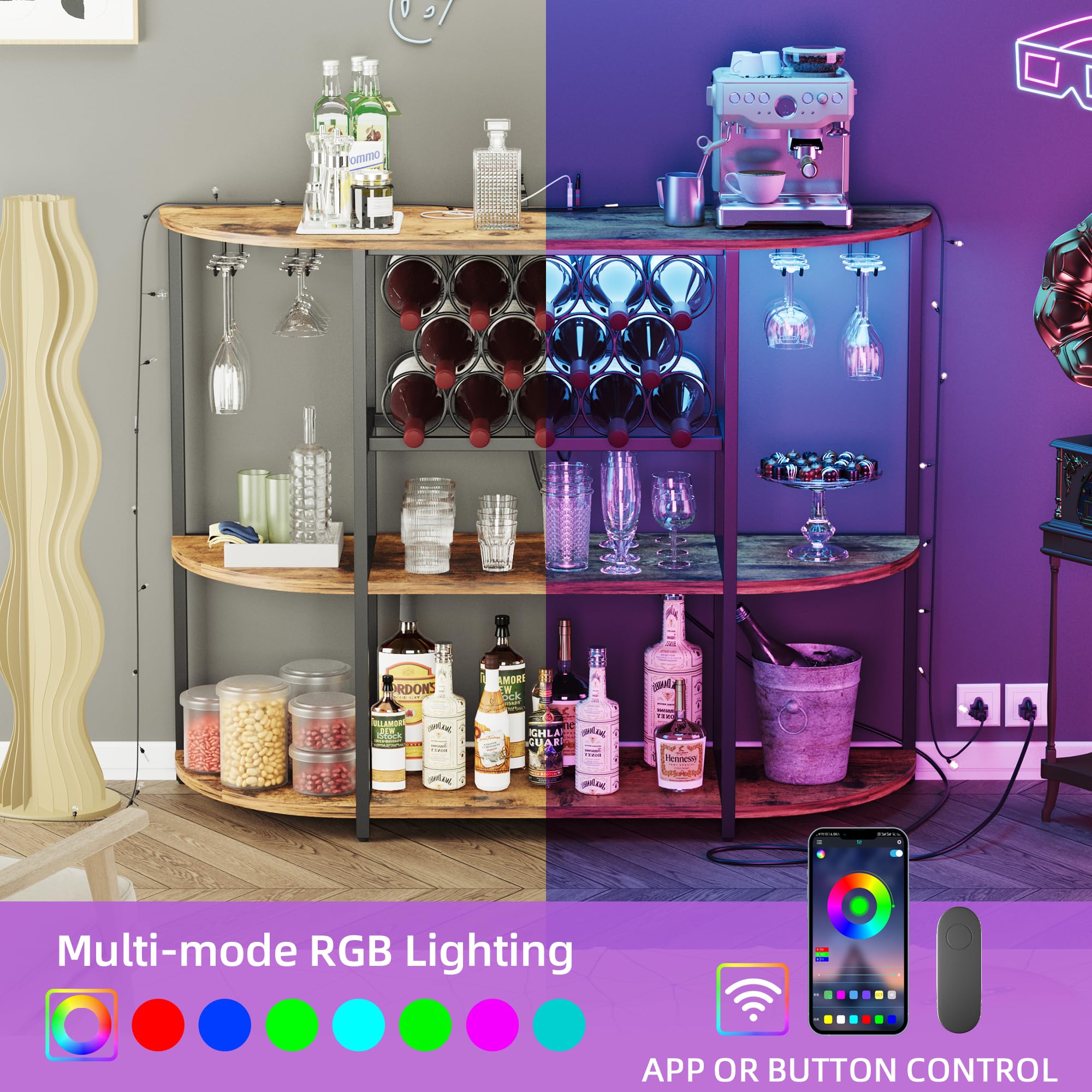 Shahoo Rustic Brown Wine Bar Cabinet with Rack - Built-in Power Outlets & LED Lights, Storage Shelves for Liquor Bottles & Glasses - Perfect for Home Kitchen, Dining Room or Entertainment Area