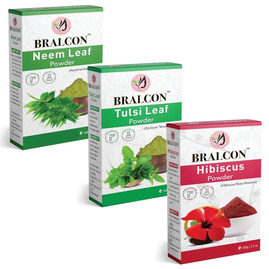 Organic Neem, Tulsi & Hibiscus Flower Powder Combo - 300g (3x100g) | Natural Ayurvedic Face & Hair Care | Skin Glow, Hair Growth Treatment | For DIY Beauty Masks, Herbal Shampoo & Skin Care Routines